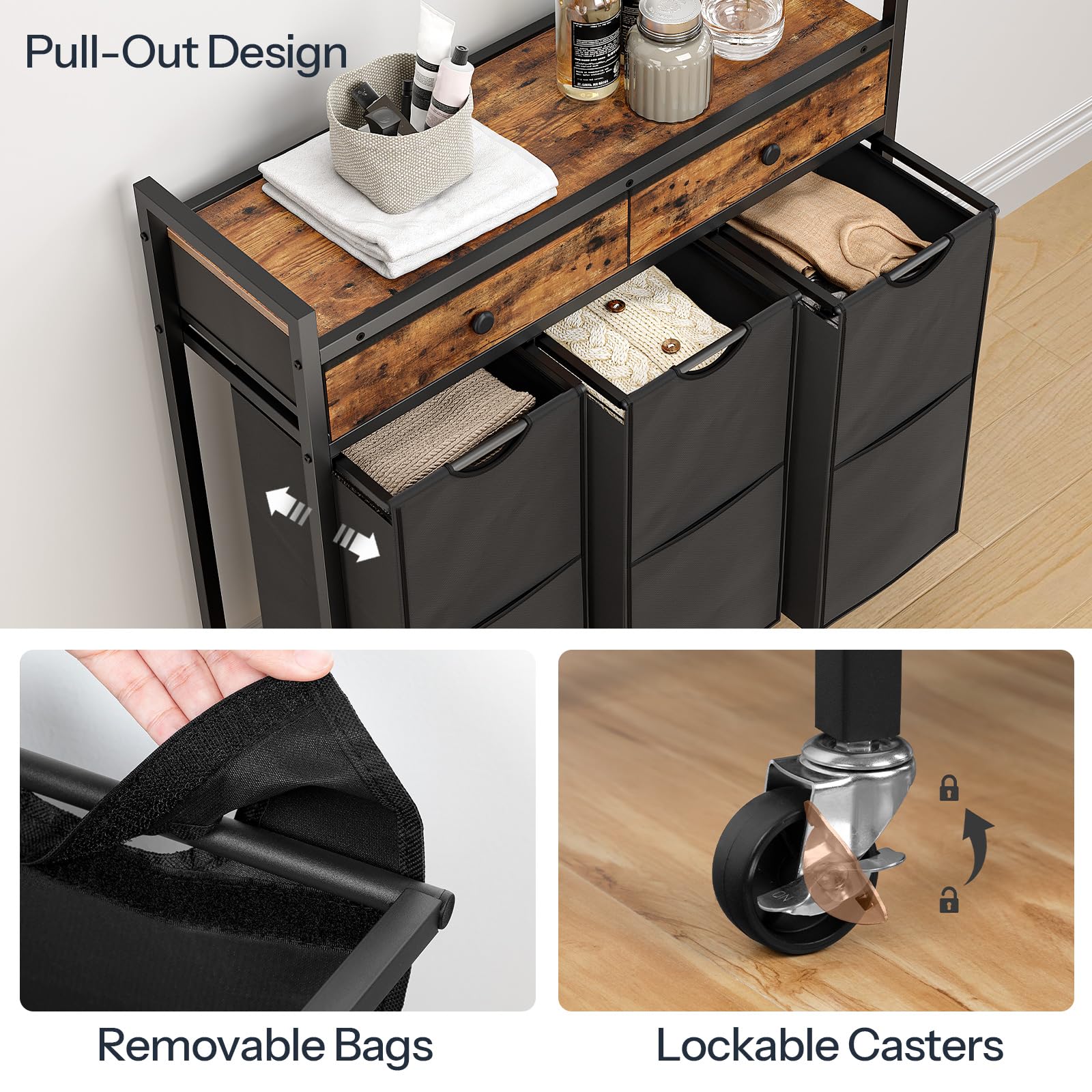 HOOBRO 3-Section Laundry Sorter Hamper with 2 Drawers & Removable Bags, 130L Rolling Laundry Basket for Bedroom, Bathroom, and Laundry Room Organization - Rustic Brown & Black (Model BF78XY01) | Perfect for Small Spaces, Apartments, and Home Organization