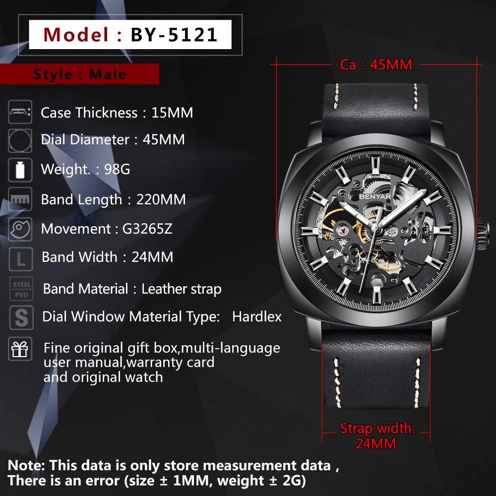 BENYAR Automatic Skeleton Mechanical Watch for Men - Black Leather Strap, Waterproof, Business & Casual Style | Perfect for Office, Formal Events & Everyday Wear
