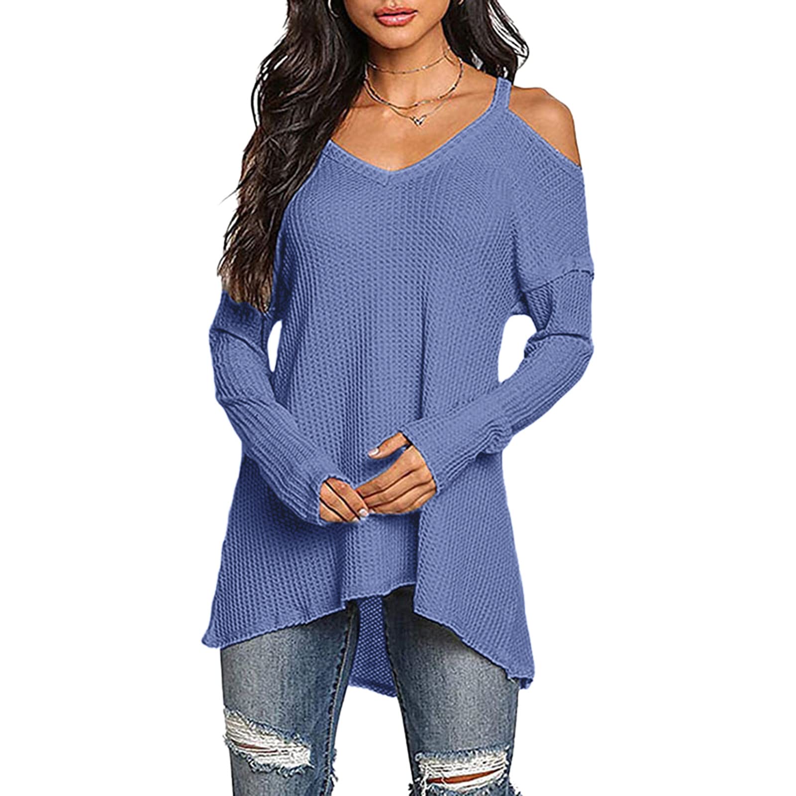 PLENTOP Women's Casual V-Neck Cold Shoulder Blouse - Long Sleeve Waffle Tunic Top for Summer | Perfect for Office, Date Night & Outdoor Activities