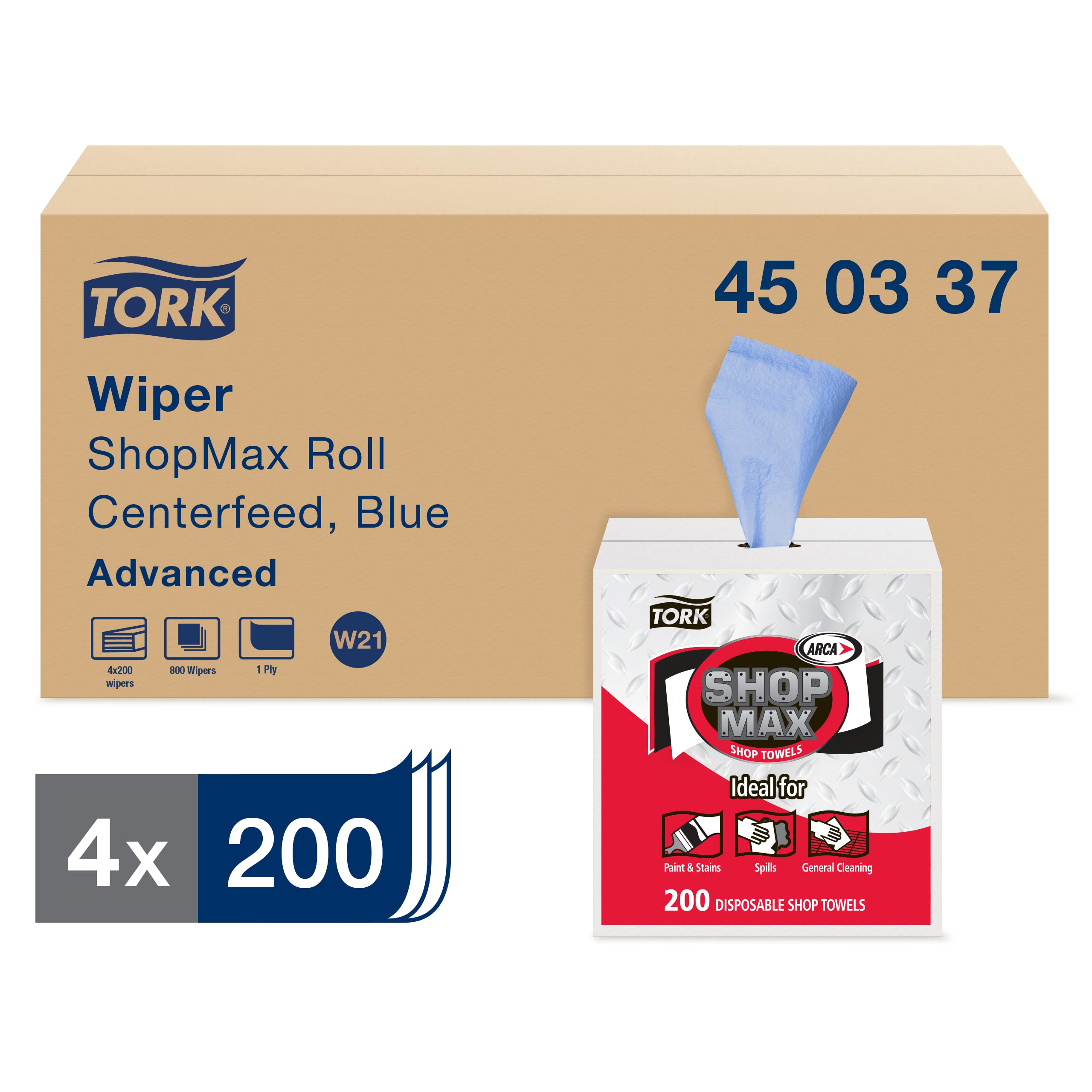 Tork ShopMax Heavy Duty Centerfeed Paper Towels - Blue, Self-Dispensing, High Absorbency, 4 Rolls x 200 Sheets (450337) - Ideal for Commercial Kitchens, Restaurants & Office Break Rooms