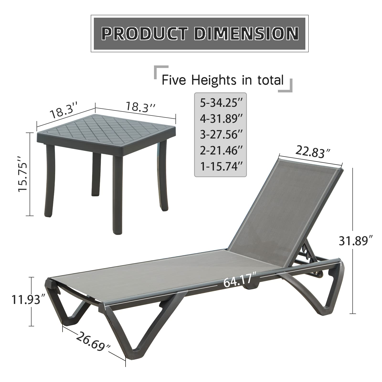 Domi Patio Chaise Lounge Chair Set of 3 - Outdoor Aluminum & Polypropylene Sunbathing Chairs with 5 Adjustable Positions & Side Table - Perfect for Beach, Yard, Balcony, Poolside & Backyard Relaxation (2 Grey Chairs with Table Included)