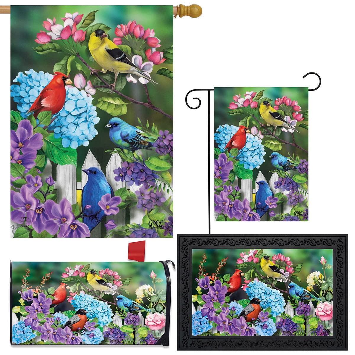 Briarwood Lane Spring Home Decor Bundle - Garden Flags, House Flags, Mailbox Covers & Doormats with Feathered Friends Design | Seasonal Outdoor & Indoor Decoration for Porch, Yard & Entryway