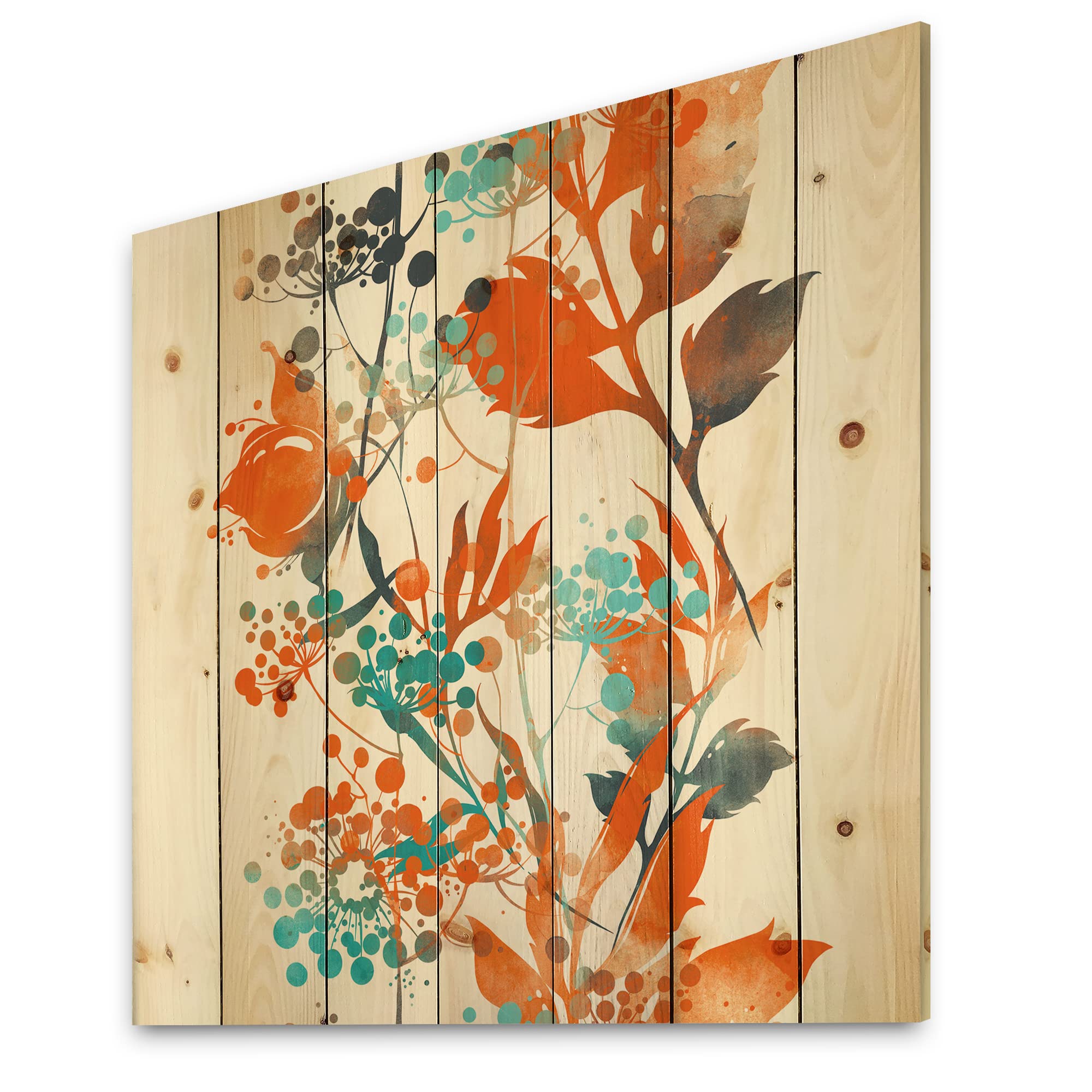 DesignQ Green & Orange Wildflowers III Modern Contemporary Wood Wall Art - Large Floral Pine Wood Panel Decor for Living Room, Bedroom & Office