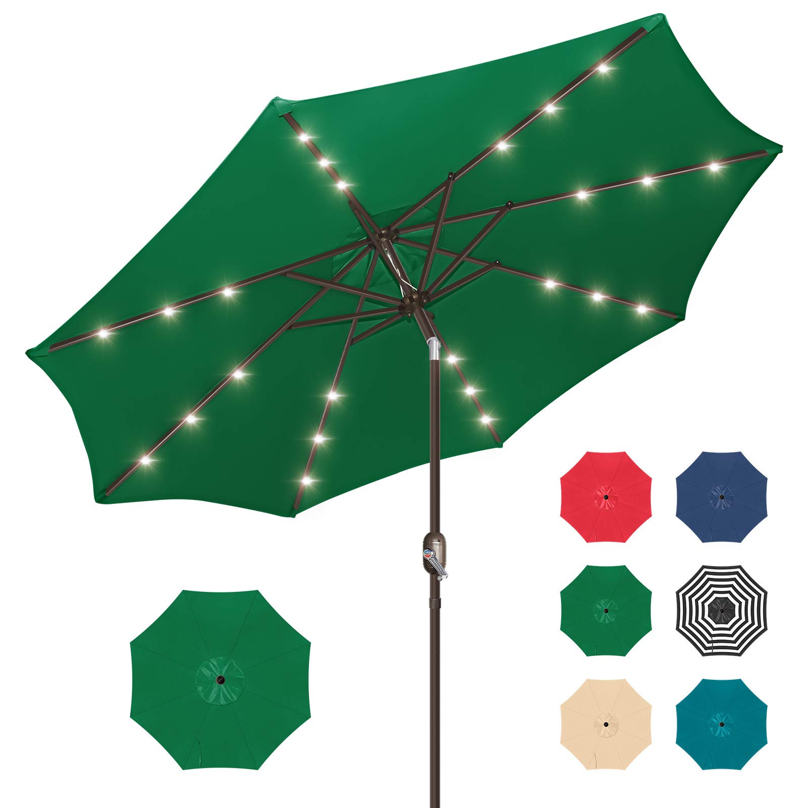 9ft Solar-Powered Patio Umbrella with 24 LED Lights - Heavy Duty Outdoor Cantilever Umbrella with Push Button Tilt & Crank, Vented Design in Grass Green - Perfect for Garden, Backyard, Poolside & Outdoor Dining Areas