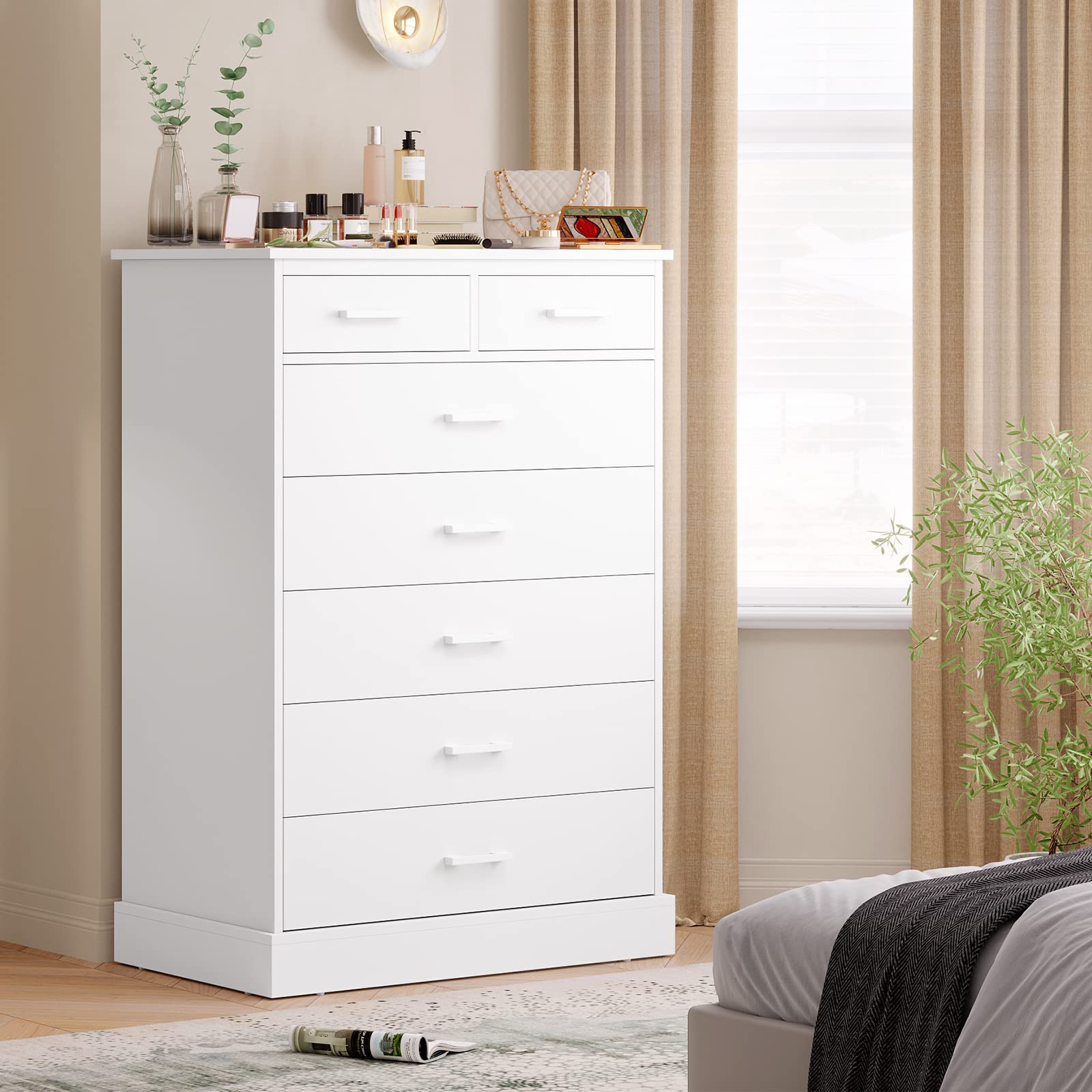Hasuit White 7-Drawer Tall Dresser for Bedroom - Solid Wood Storage Cabinet with Sturdy Base, Large Clothes Organizer Tower - Perfect for Closet, Living Room & Hallway Organization (Bedroom Furniture, Home Storage Solution)