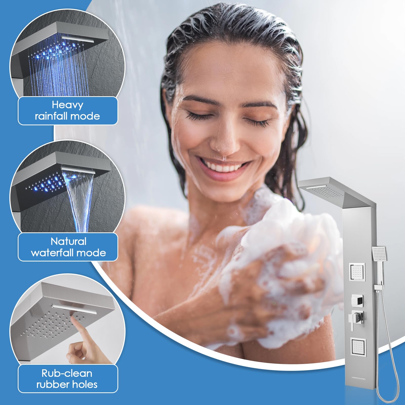ROVOGO Luxury Shower Panel System with LED Lights - Rainfall Shower Head, 2 Body Jets, Handheld Spray & Tub Spout - Brushed Stainless Steel Shower Column for Spa-Like Bathroom Experience