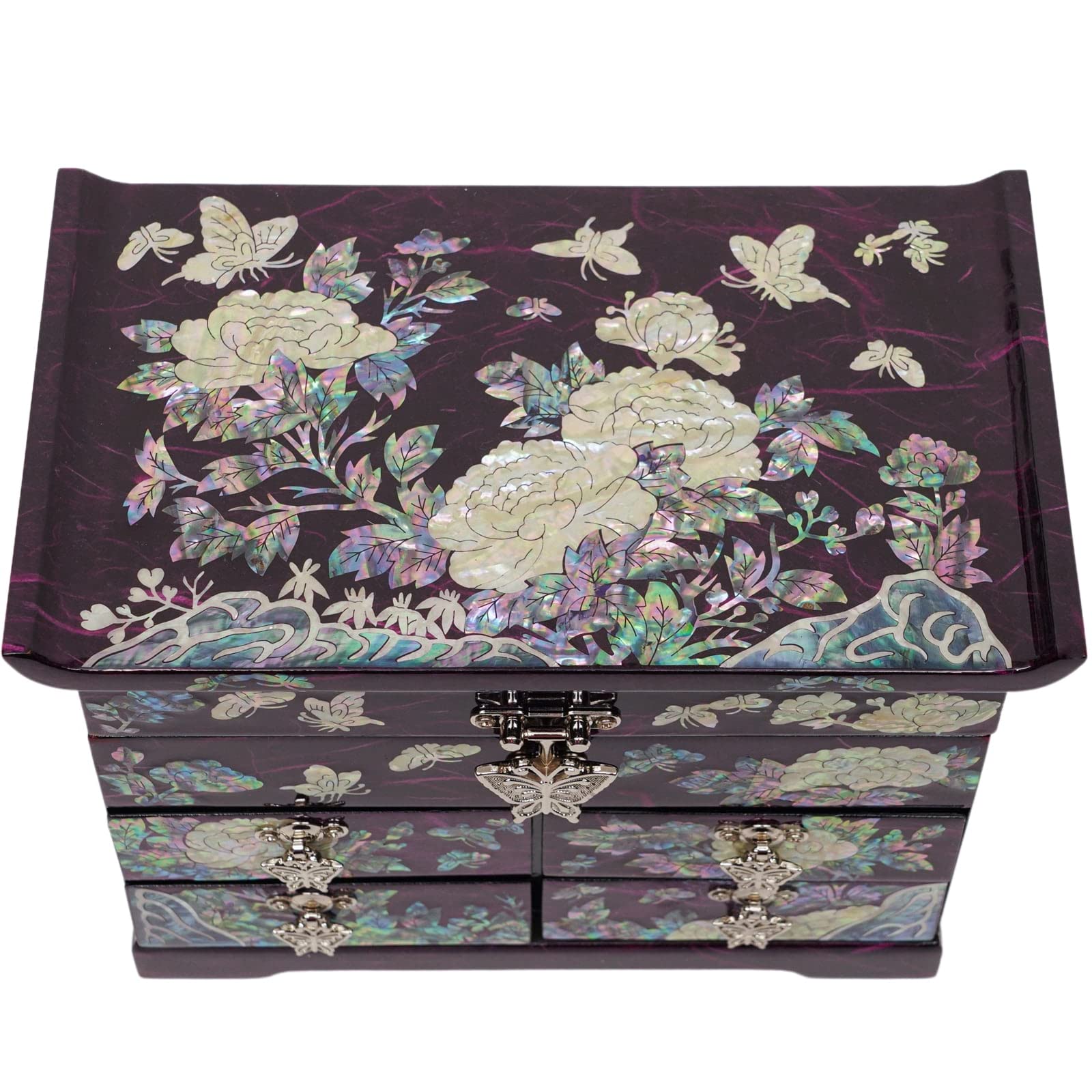 February Mountain Mother of Pearl Wooden Jewelry Organizer Box - Spacious Jewelry Storage for Women with Multiple Drawers, Perfect for Organizing Rings, Bracelets, Watches, Necklaces & Accessories (Peony Purple) | Elegant Jewelry Display for Dresser Top, Vanity or Gift Giving