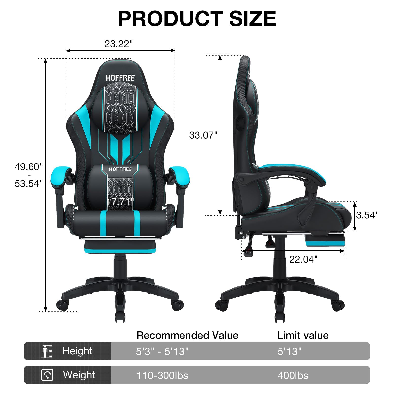 HOFFREE LED Gaming Chair with Massage & Speakers - Big and Tall Reclining Video Game Chair with Footrest - 400lbs Capacity High Back Ergonomic Computer Desk Chair (Blue and Black) - Perfect for PC Gaming, Office Work & Home Entertainment