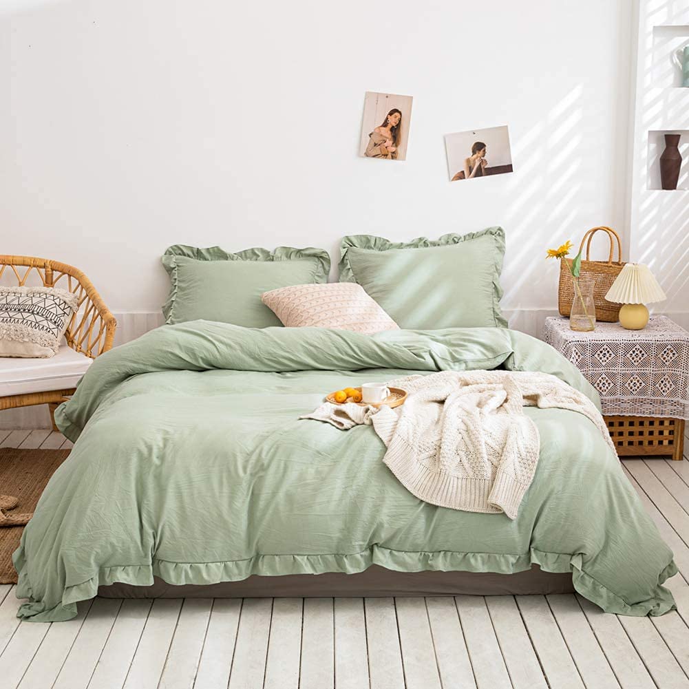 Elegant Sage Green Ruffled Cotton Duvet Cover Set - Queen & King Size (120x120 Inches) | Soft Bedding for Cozy Bedroom Decor | Perfect for Master Bedrooms, Guest Rooms & Airbnb Styling
