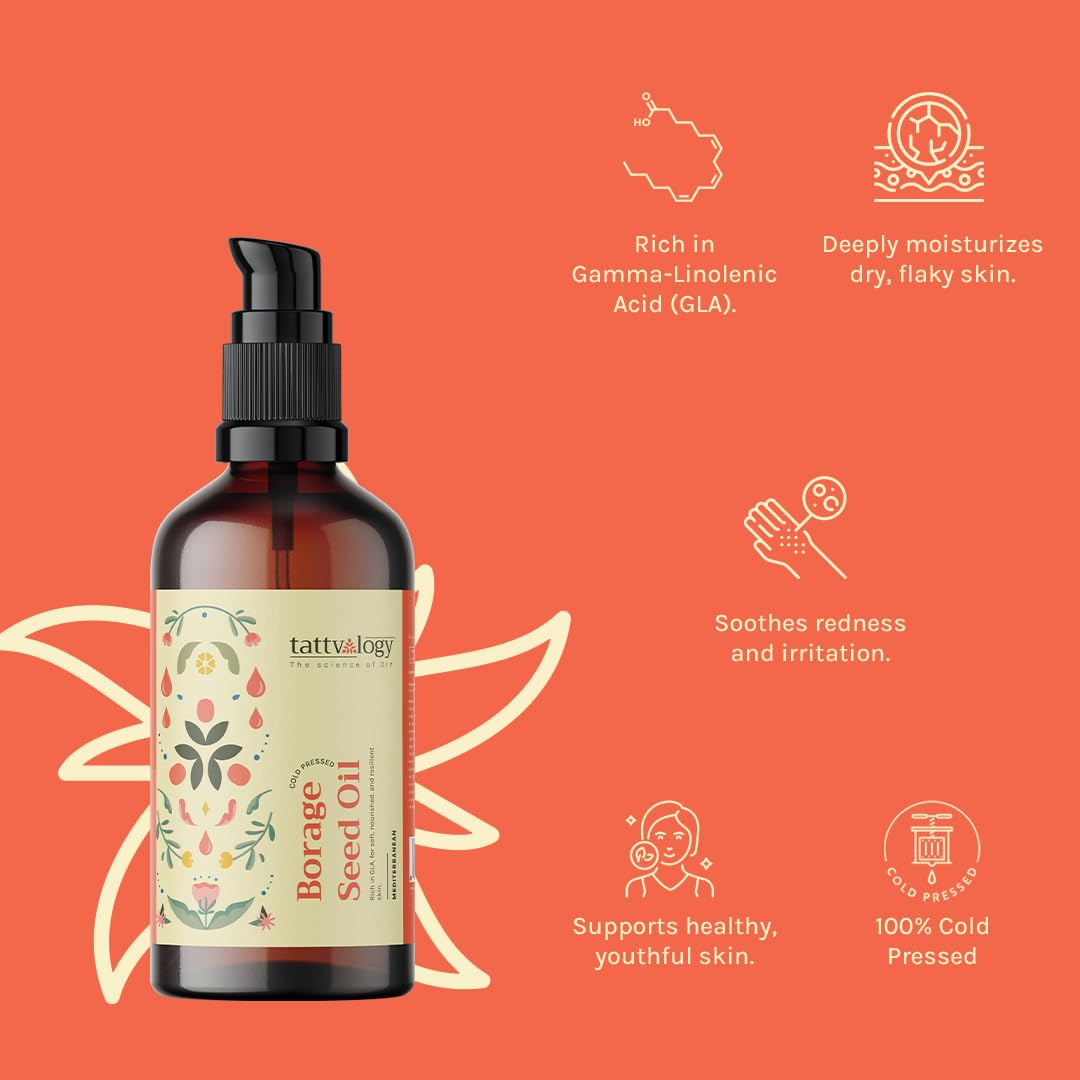 Tattvalogy Pure Borage Seed Oil (Starflower Oil) - 100% Natural, Cold-Pressed & Unrefined Essential Oil for Hair, Skin, Face, Body, Nails & Stretch Marks - 15ml Glass Bottle - Perfect for DIY Beauty Recipes, Massage & Aromatherapy