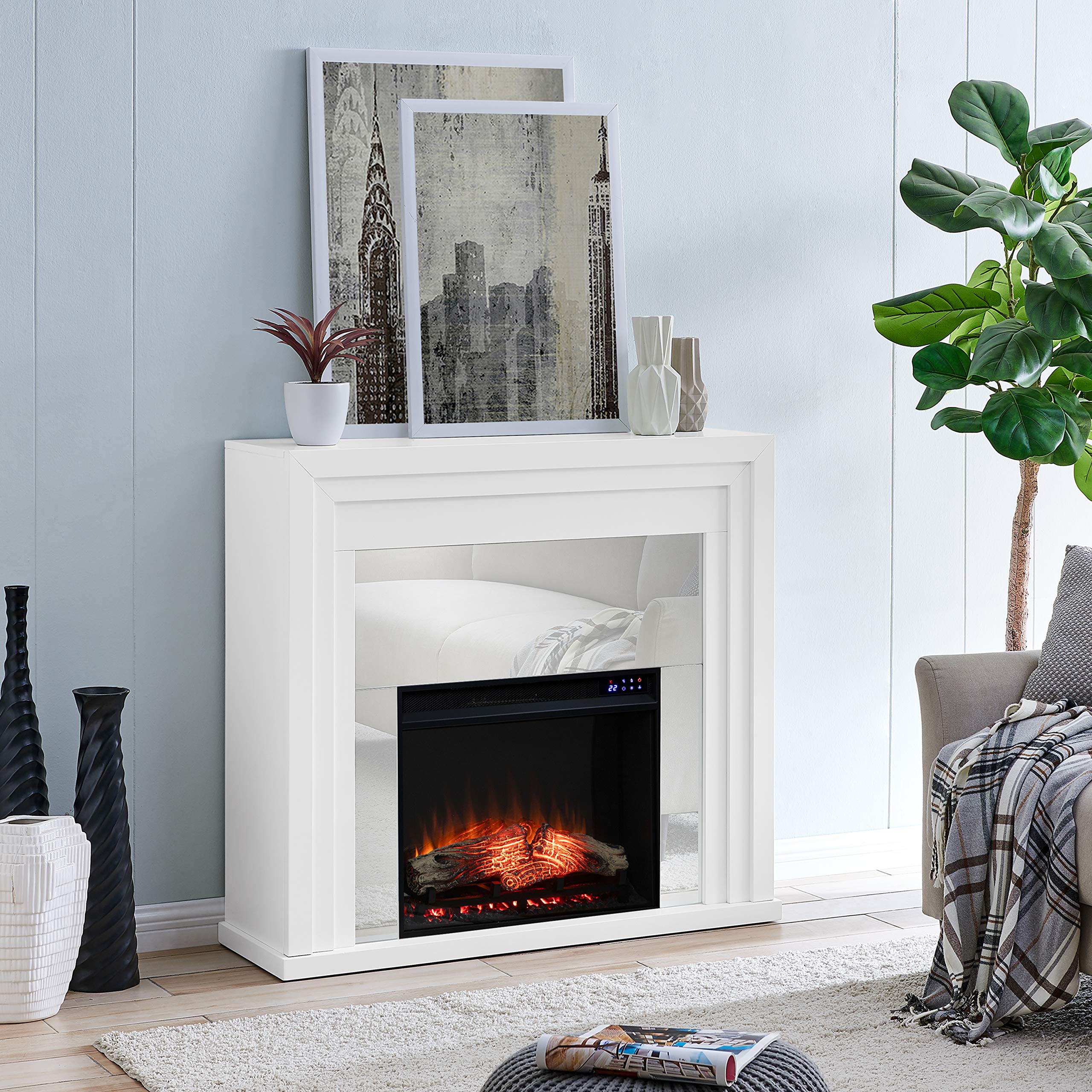 SEI Furniture Stadderly Modern Mirrored Electric Fireplace - 50 Inch White Silver Finish - Energy Efficient Indoor Heater for Living Room, Bedroom & Office Decor