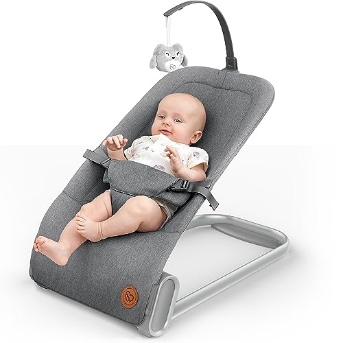BabyBond Baby Bouncer Seat for Infants 0-12 Months - Portable Infant Bouncer with Hanging Toys, Soft Grey Natural Bouncy Chair for Newborns | Perfect for Nursery, Playtime & Travel