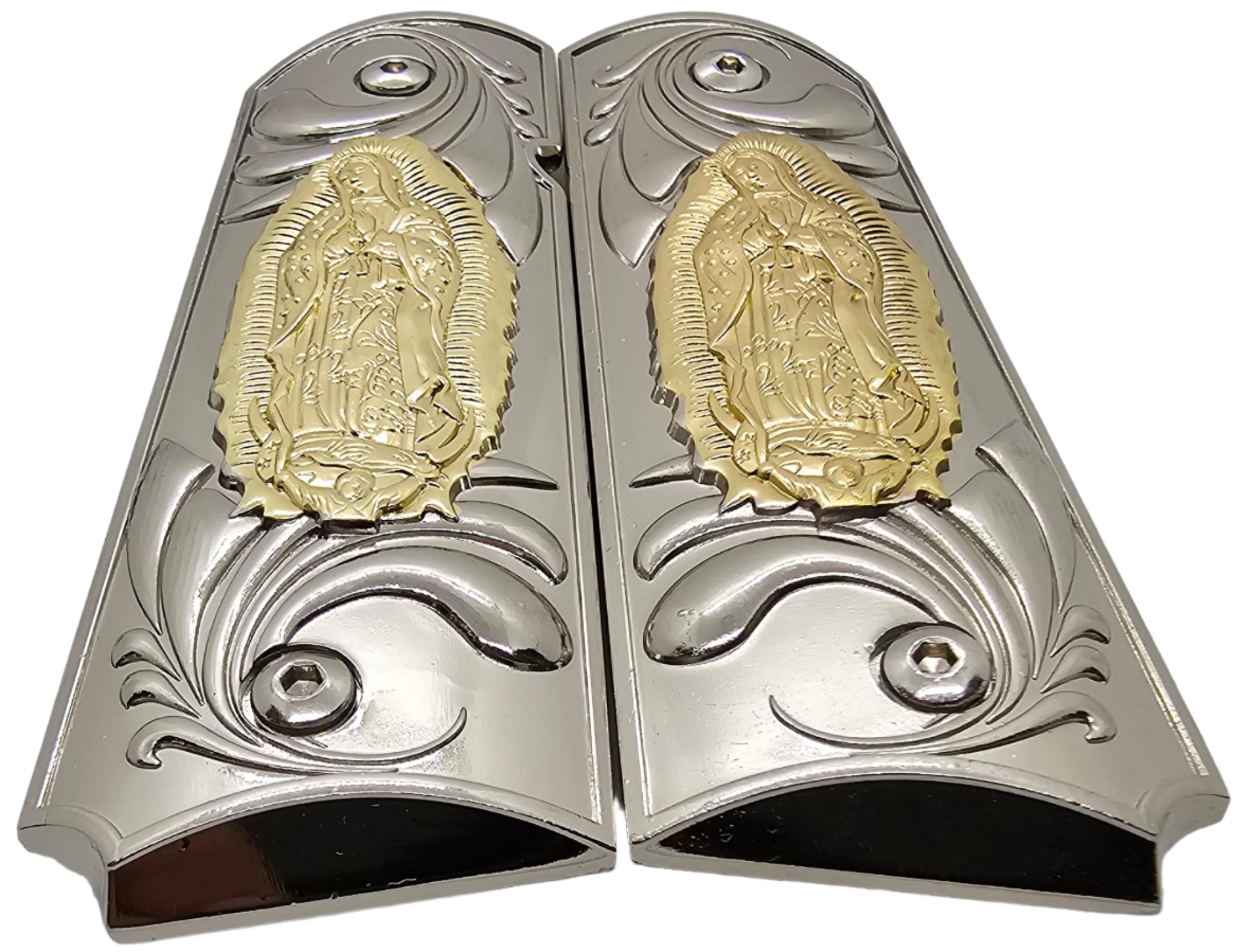 Virgin Mary Lady of Guadalupe Full-Size Grips - Nickel-Plated Ambi Safety Grips for Colt, Kimber, Rock Island & Clones | Perfect for Pistol Customization & Religious Protection