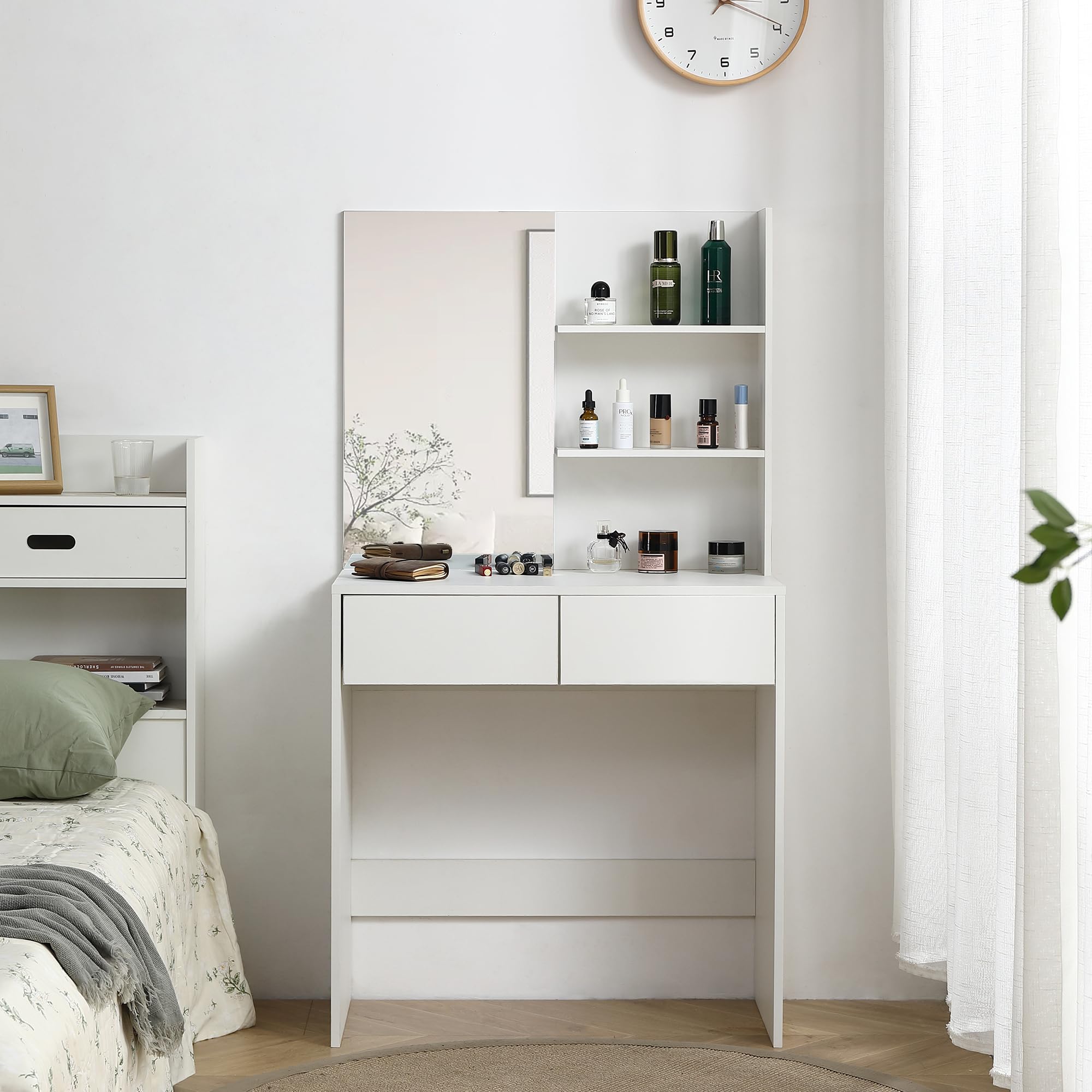 Modern Vanity Desk with Mirror, 2 Drawers & Open Shelves - Elegant Dressing Table for Bedroom in Antique White | Perfect Makeup Station & Jewelry Organizer for Women