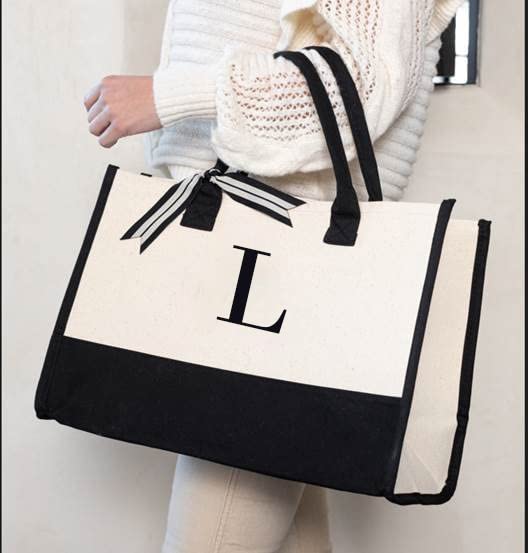 Mud Pie Cotton Canvas Tote Bag - Black & White Initial (17x19