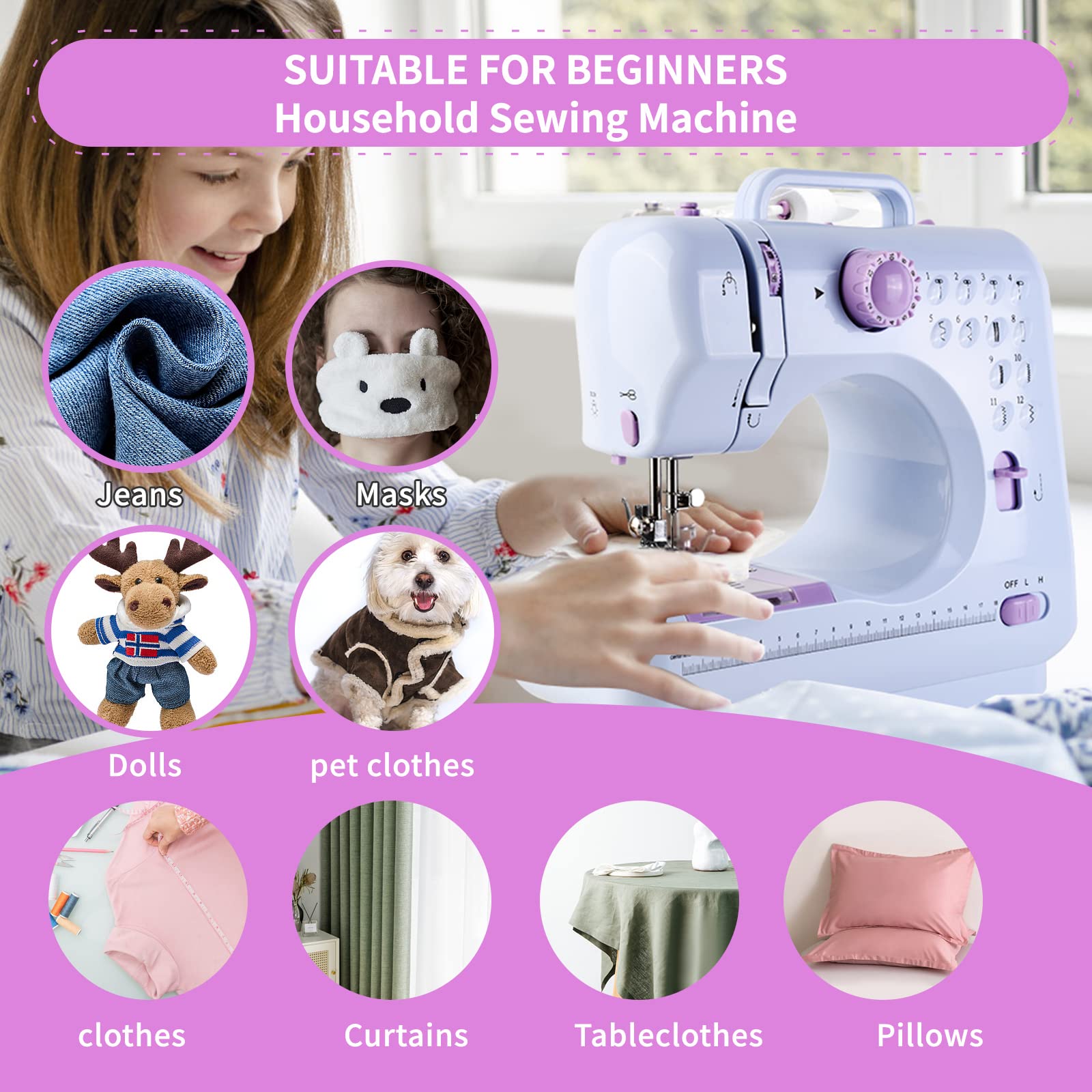 Mini Sewing Machine for Beginners & Kids - 12 Stitches with Accessories for Home DIY Projects