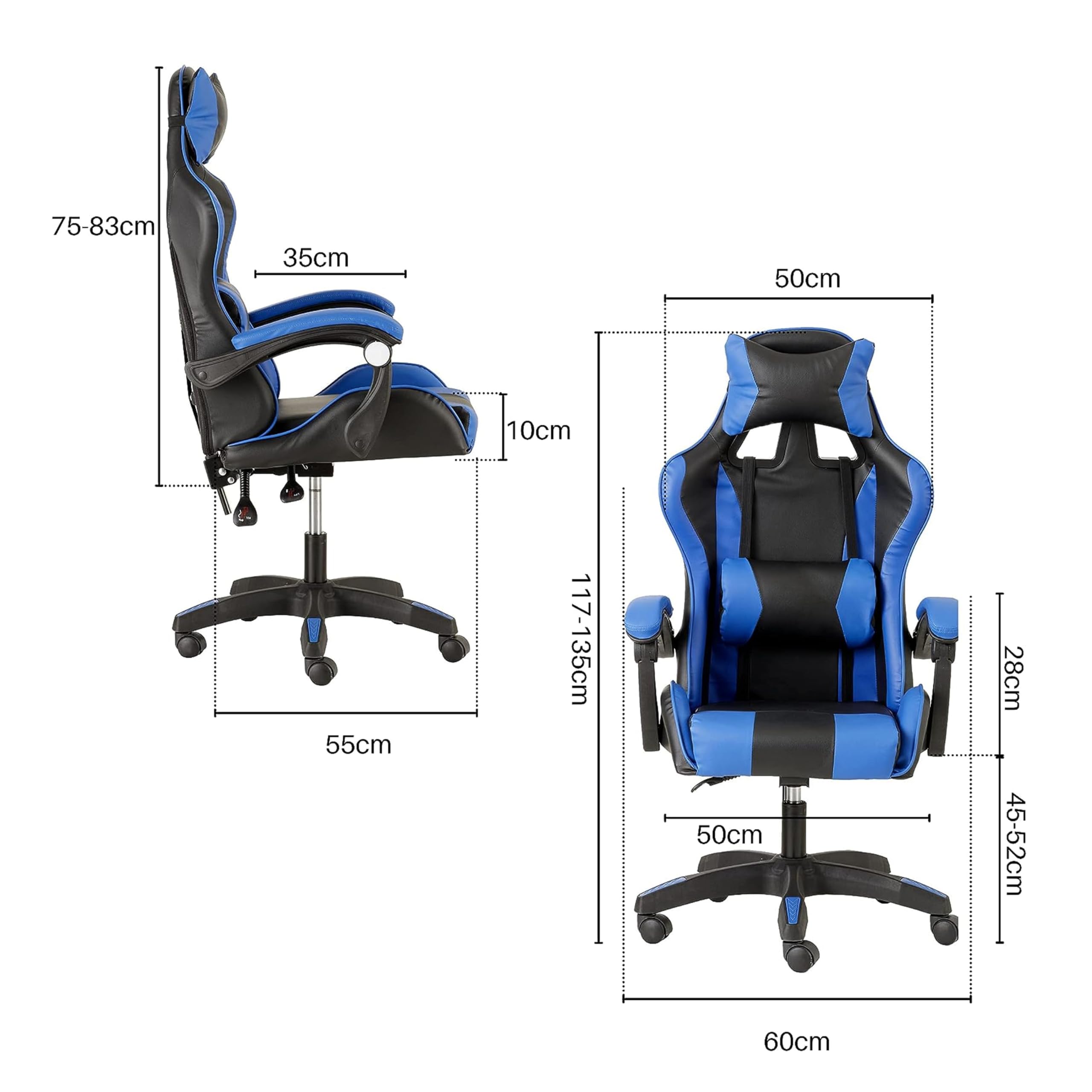 Baroni Gaming Chair - Adjustable Office Chair with Headrest & Lumbar Support, Ergonomic Computer Desk Chair, Height Adjustable (50x55x117cm) - Blue - Perfect for Gamers, Home Office & Streaming Setup