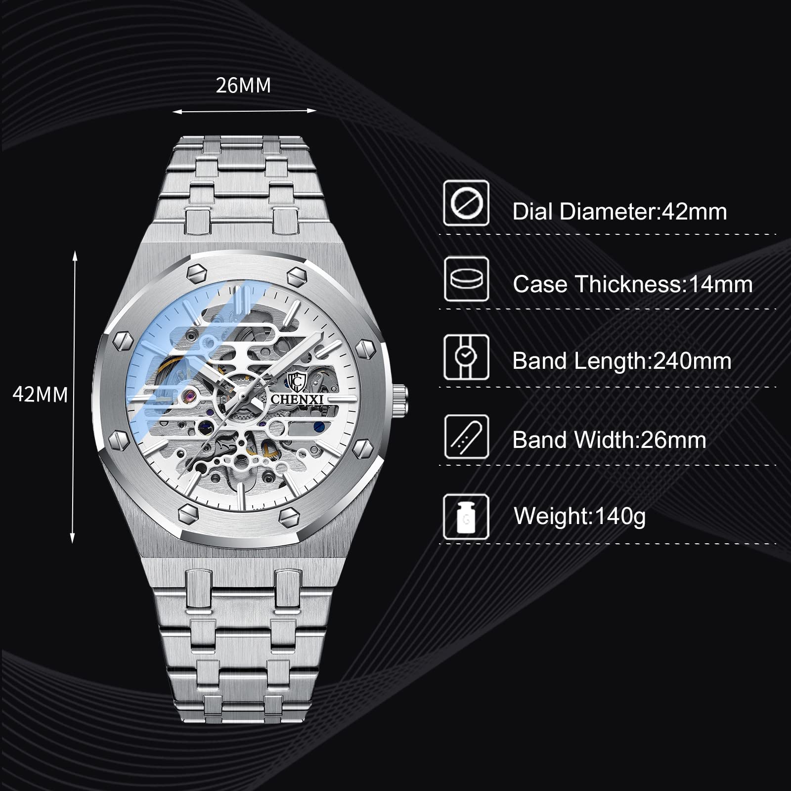 RORIOS Automatic Mechanical Business Dress Watch for Men - Self-Winding Luminous Stainless Steel Wristwatch | Perfect for Office, Formal Events & Professional Settings