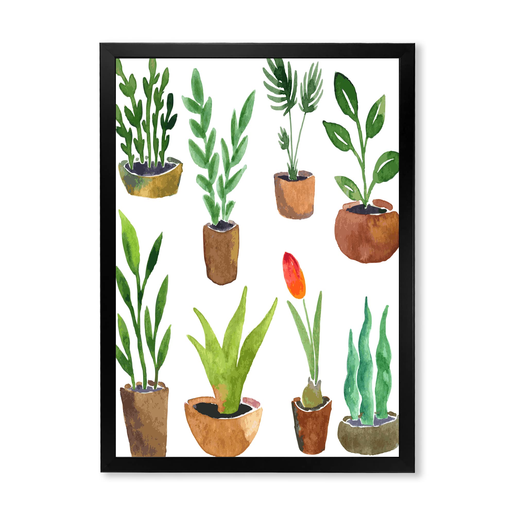DesignQ Eight Potted House Plants Traditional Framed Wall Art - Botanical Home Decor for Living Room, Bedroom & Office - Perfect Gift for Plant Lovers