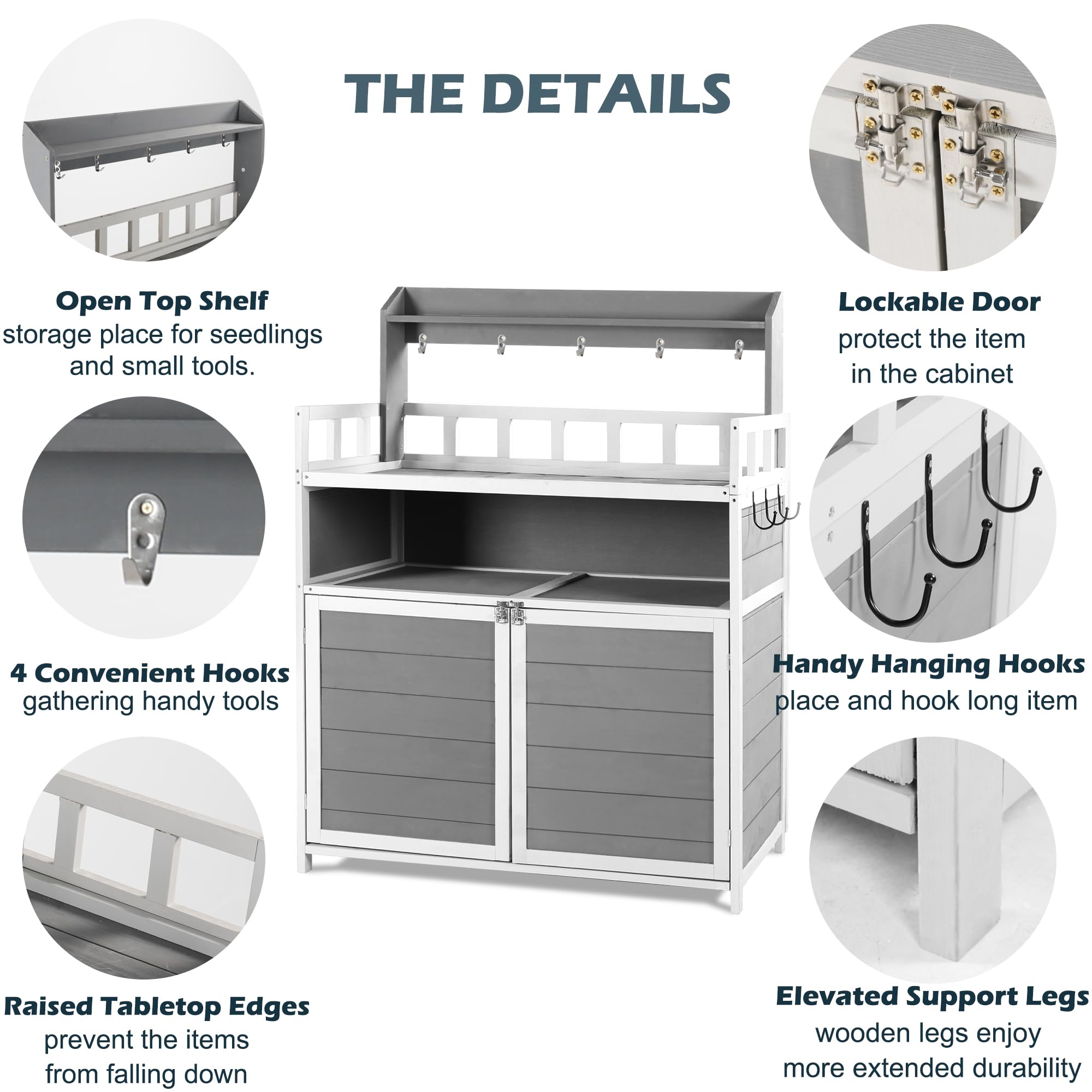 GRAVFORCE Outdoor Potting Bench with Storage Cabinet & Double Doors - Heavy Duty Gardening Table for Planting, Potting & Organizing - Perfect for Porch, Backyard, Patio & Greenhouse Use (Grey)