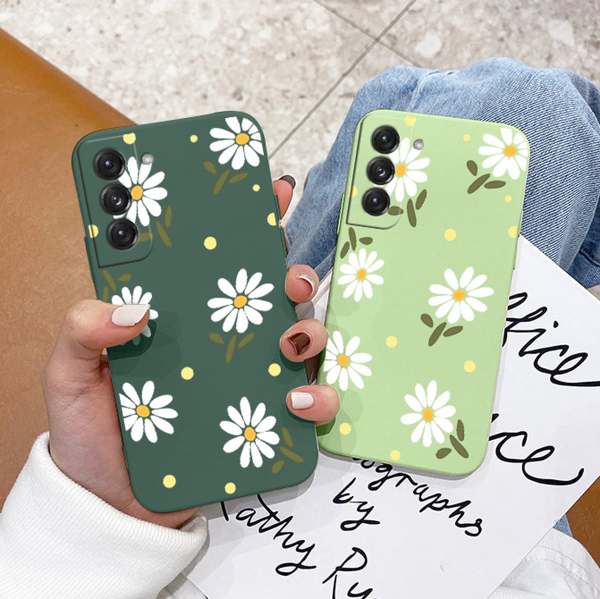 **Cute Daisy Pattern Galaxy S21+ Plus Case – Slim Shockproof TPU Bumper with Full Camera Lens Protection – Liquid Silicone Protective Cover for Samsung Galaxy S21+ Plus 5G (6.7 Inch, Green) – Perfect for Everyday Use, Travel & Outdoor Activities**