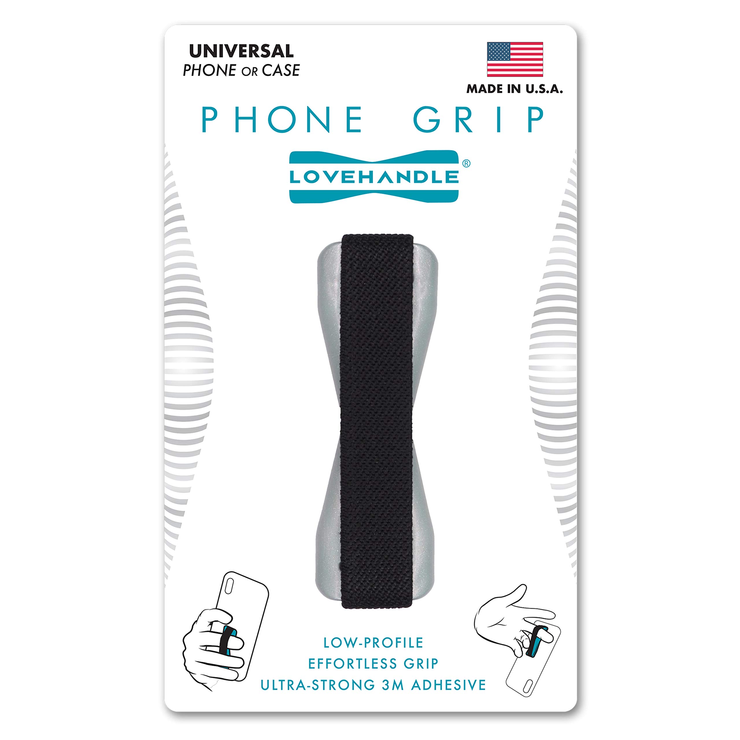 LOVEHANDLE Universal Phone Grip Holder for Smartphones & Mini Tablets - Hand Strap with Elastic Band - Wireless Charging Compatible - Made in USA - Black with Silver Base - Perfect for Gym, Running, Travel & Everyday Use