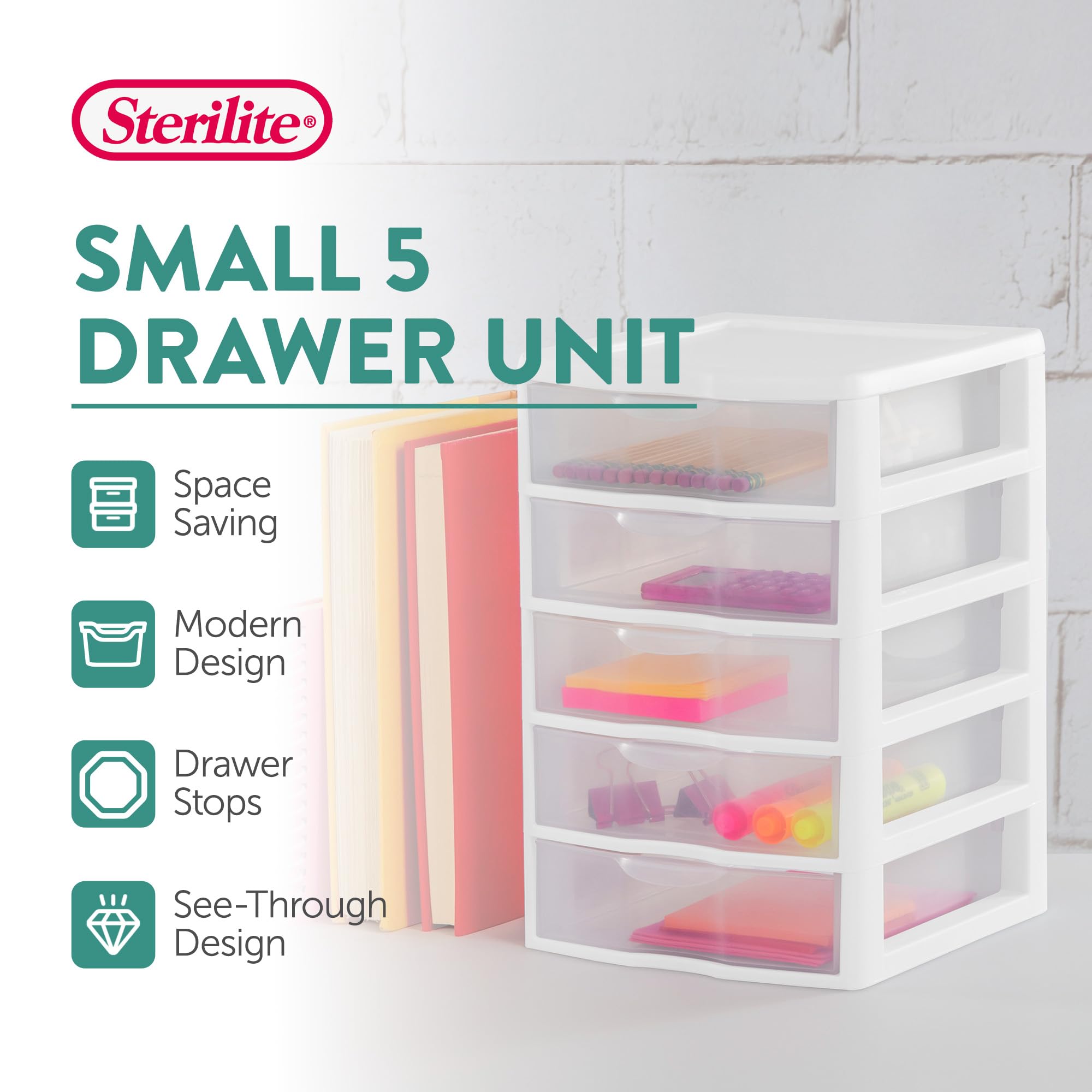 Sterilite Small 5-Drawer Desktop Storage Organizer - White with Clear Drawers (12-Pack) | Compact Tabletop Organizer for Home Office, Bathroom Countertop & Workspace | Perfect for School Supplies, Makeup Storage & Craft Organization
