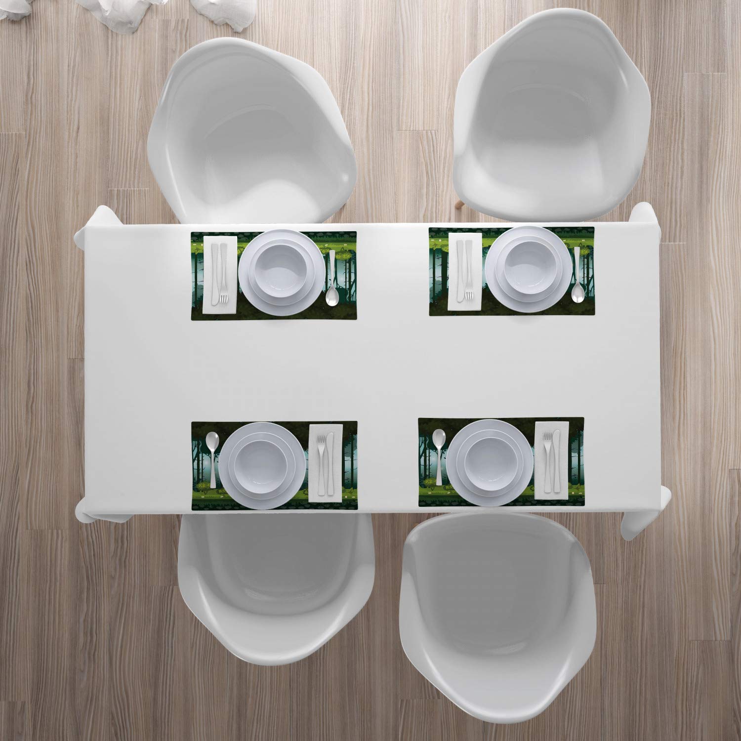 Ambesonne Jungle Placemats Set of 4 - Cartoon Forest Twilight Design, Washable Fabric Dining Table Mats for Kitchen & Dining Room Decor in Evergreen, Pale Cadet Blue & Olive Green | Perfect for Dinner Parties, Family Gatherings & Nature-Themed Home Decor