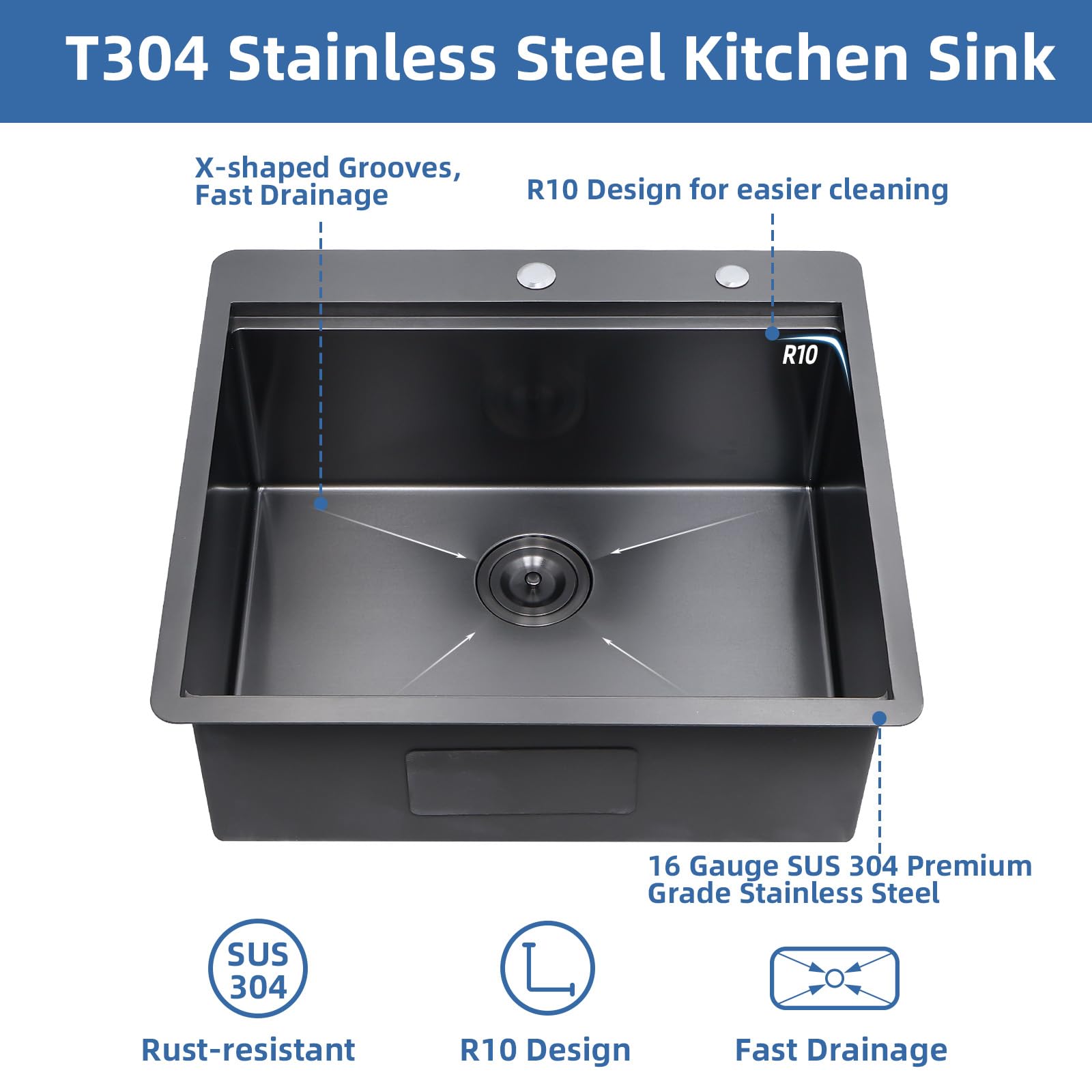 Davivy 25 x 22 x 10 Inch Black Stainless Steel Drop-in Kitchen Sink - 16 Gauge Gunmetal Finish, Single Bowl Topmount Workstation Sink for Modern Kitchens | Perfect for Meal Prep, Dishwashing & Small Space Cooking