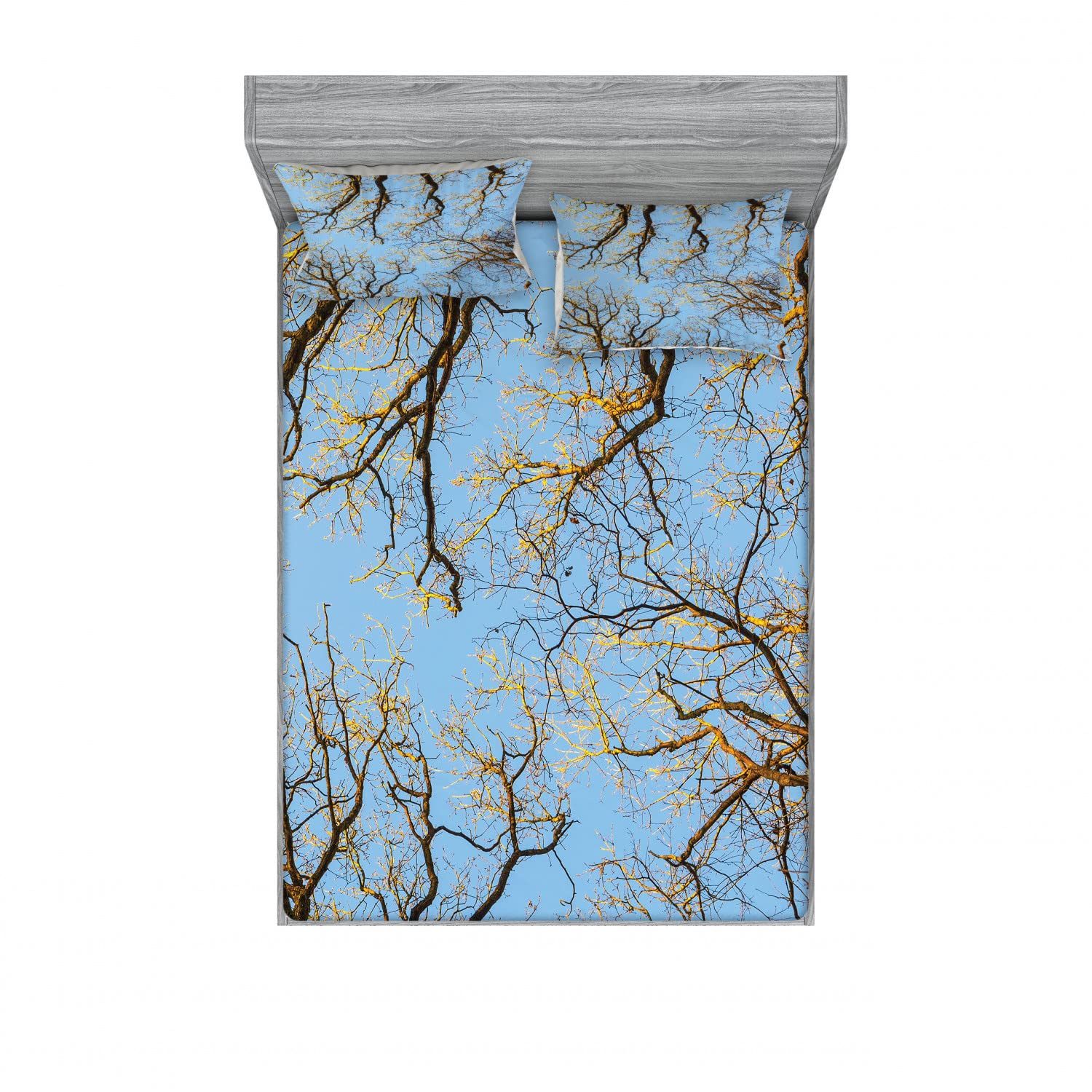 Ambesonne 2-Piece Full Size Fitted Sheet Set with 4 Pillow Shams - Vibrant Sky & Trees Pattern Blue Brown Bedding - Soft Breathable Bed Sheets for Guest Room, Dorm, RV & Vacation Home Decor