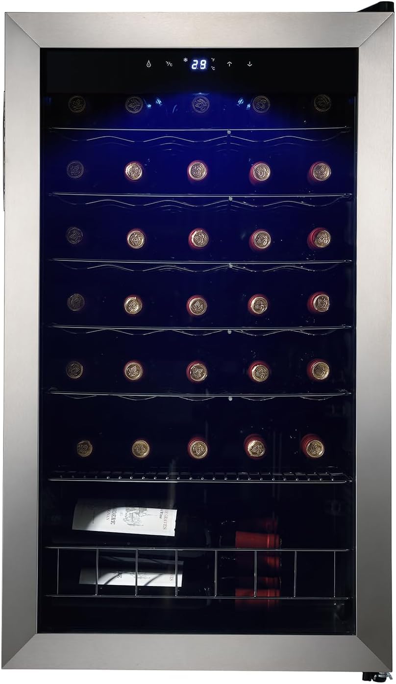 SMETA 33 Bottle Under Counter Wine Cooler - Stainless Steel Black Wine Fridge with Glass Door, Digital Touch Screen & LED Lights for Beer, Wine & Drinks (95L) - Perfect for Home Bars, Restaurants, and Wine Cellars