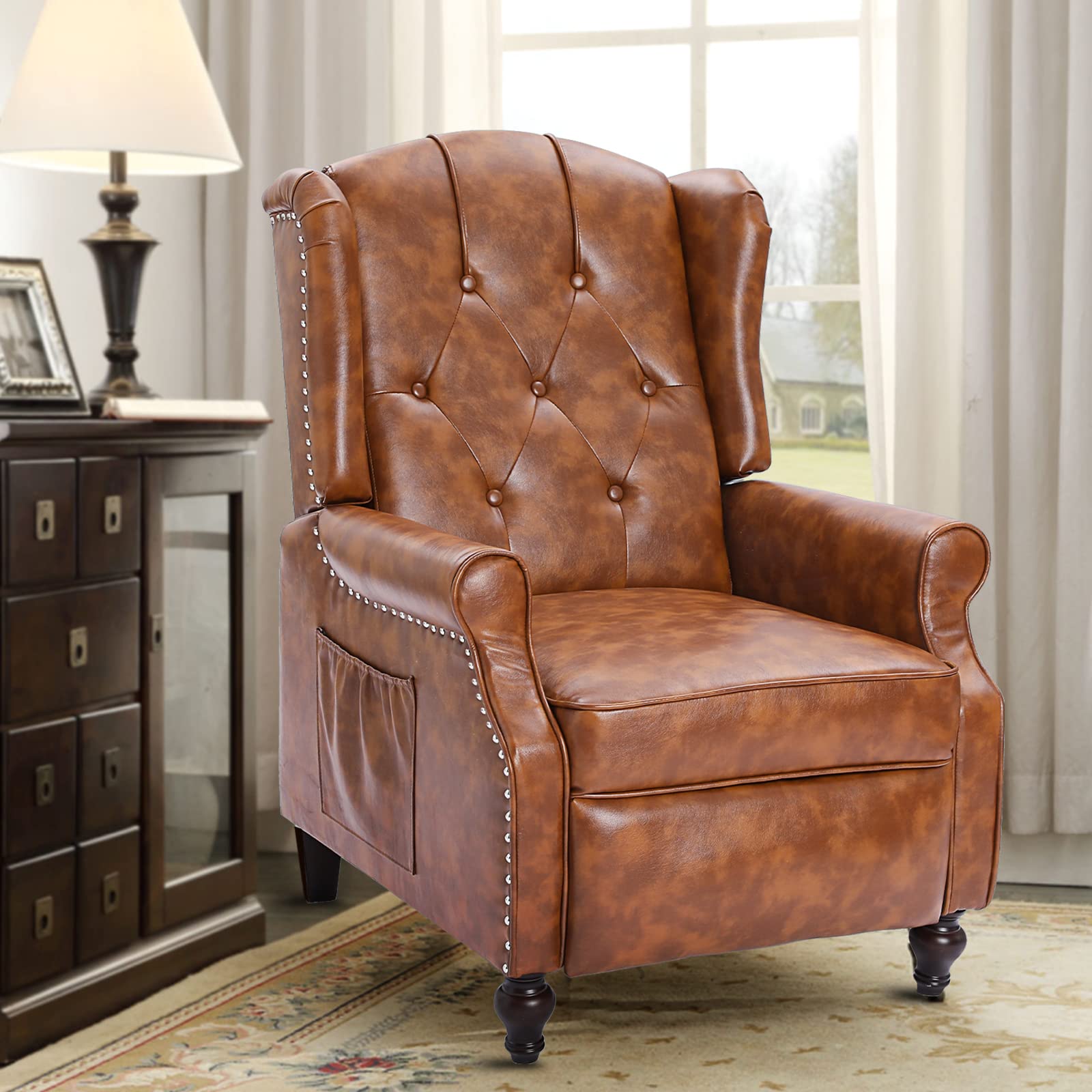 PU Leather Wingback Recliner Chair with Heat & Massage - Home & Office Comfort (Cognac Brown)