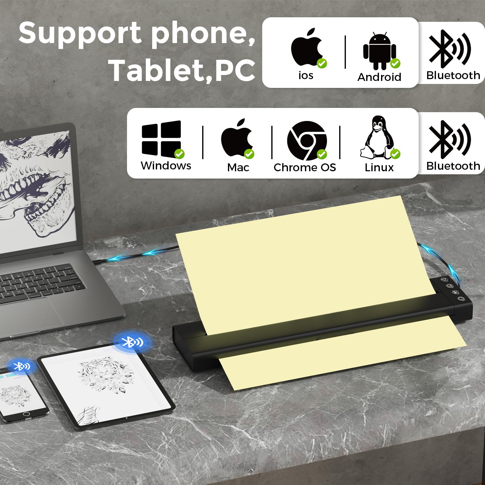 Wireless Bluetooth Stencil Printer Kit with 5Pcs Transfer Paper - Tattoo Stencil Machine for Artists & Beginners - Smartphone Compatible - Perfect for Tattoo Design, Body Art & Temporary Tattoo Creation