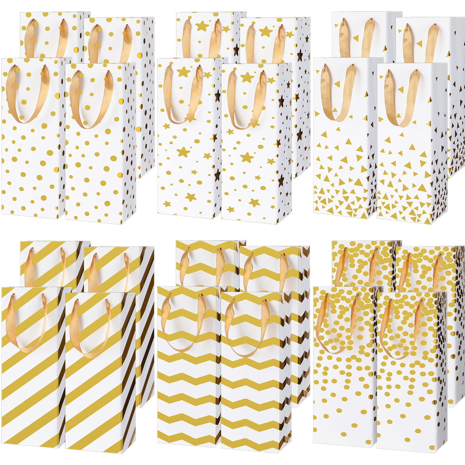 24 Pcs Reusable Gold Foil Wine Gift Bags with Handle - Christmas Champagne Bottle Bags Bulk for Holiday Gifting (6 Designs) - Perfect for Christmas, Thanksgiving, Anniversary, Wedding & Party Favors