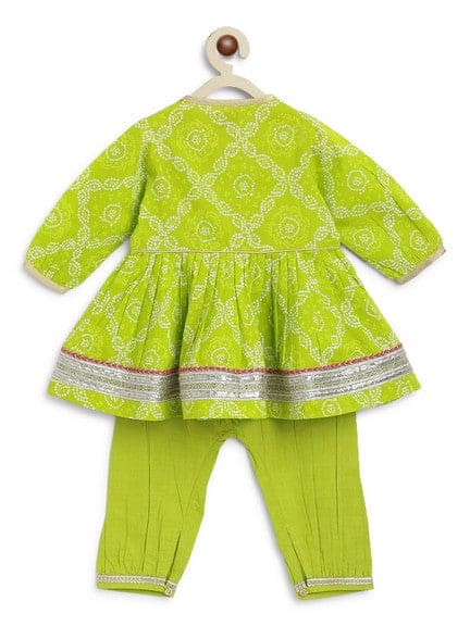 Pre Order: Baby Girl Bandhani Cotton Angrakha Suit Set - Green | Traditional Indian Ethnic Outfit for Festivals & Special Occasions