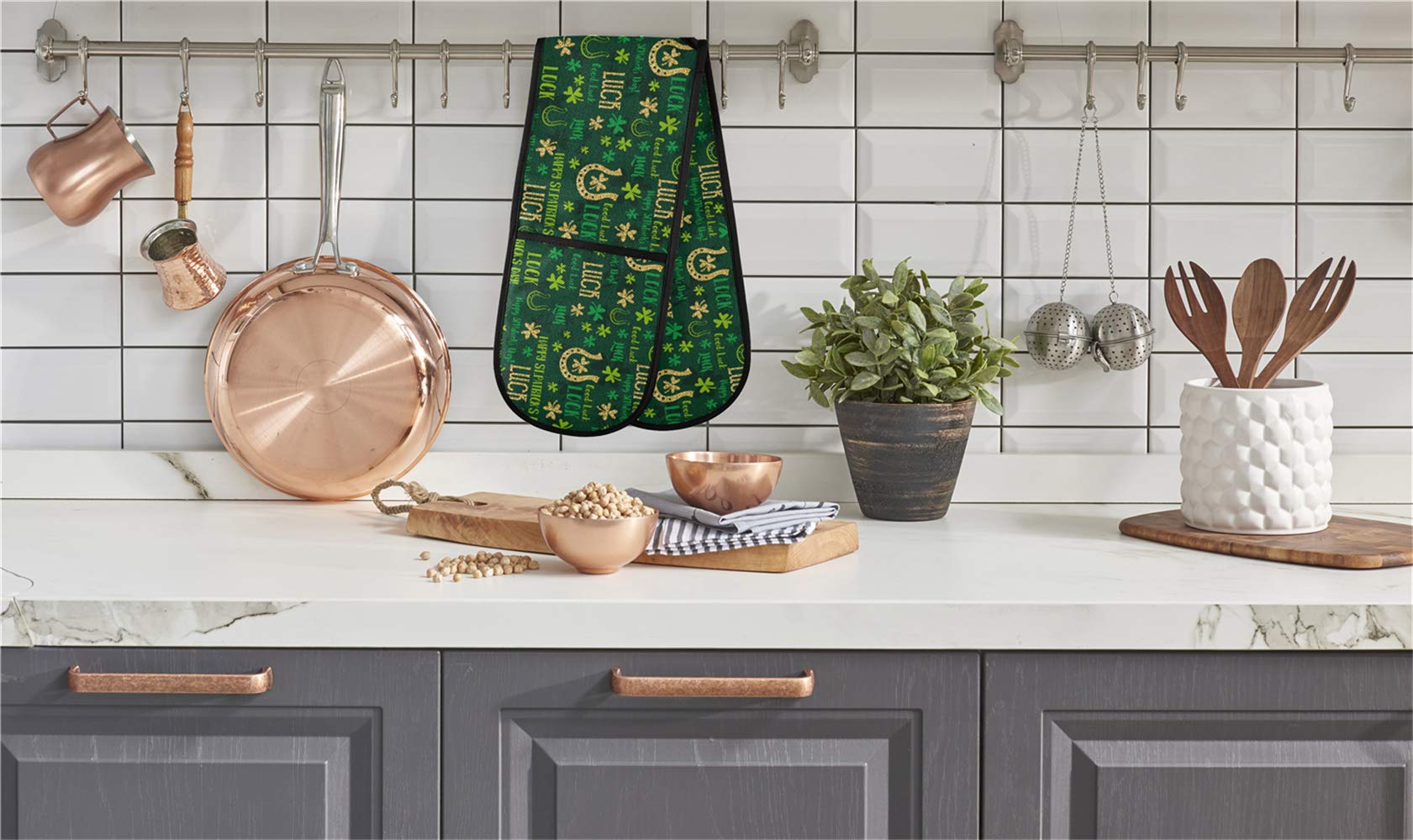St. Patrick's Day Green Clover Double Oven Mitts 7x35 Inches - Lucky Golden Coins & Horseshoe Shamrock Design - Heat Resistant Kitchen Gloves for Baking, BBQ, Grilling - Perfect Pot Holder & Holiday Decor Gift