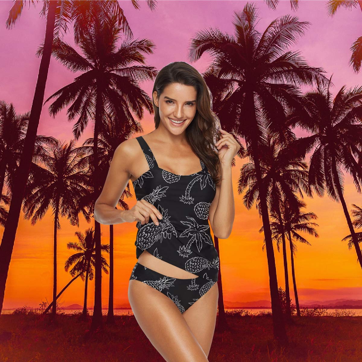 Women's Two Piece Tankini Swimsuits - White Pineapple & Palm Tree Print Black Bathing Suit for Beach, Pool & Vacation | Plus Size Swimwear for Women