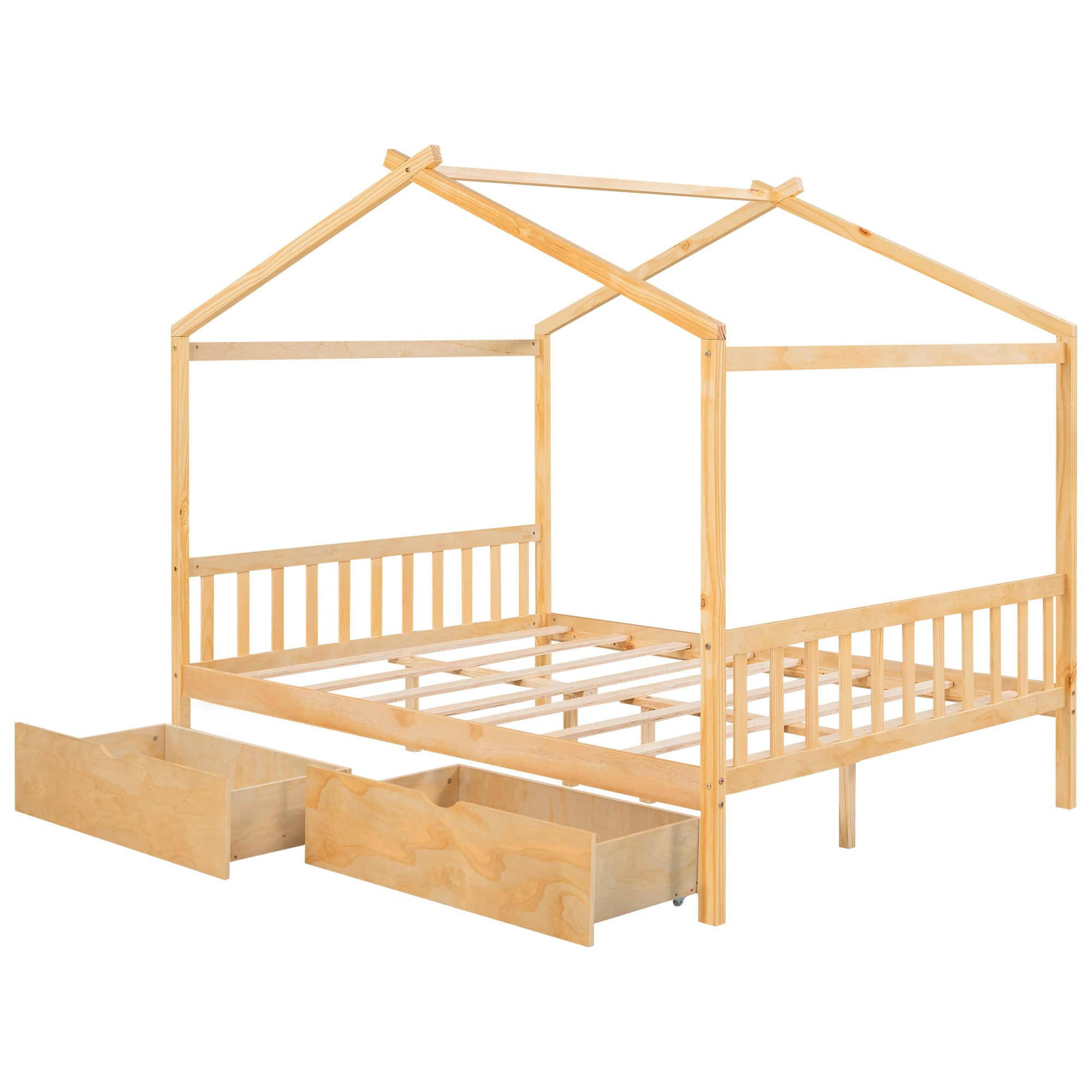 Wooden Full Size House Bed Frame with Storage for Kids - Girls & Boys Room Decor