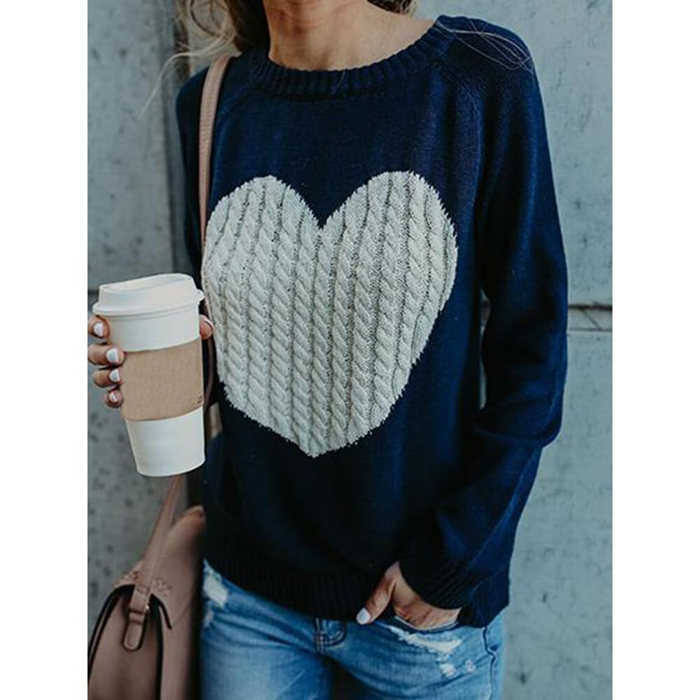 Women's Knitted Heart Design Long Sleeve Pullover Sweater - Soft Stretchy Winter Knit Top Shirt - Navy Blue, Large - Perfect for Casual Wear, Date Nights & Holiday Outfits