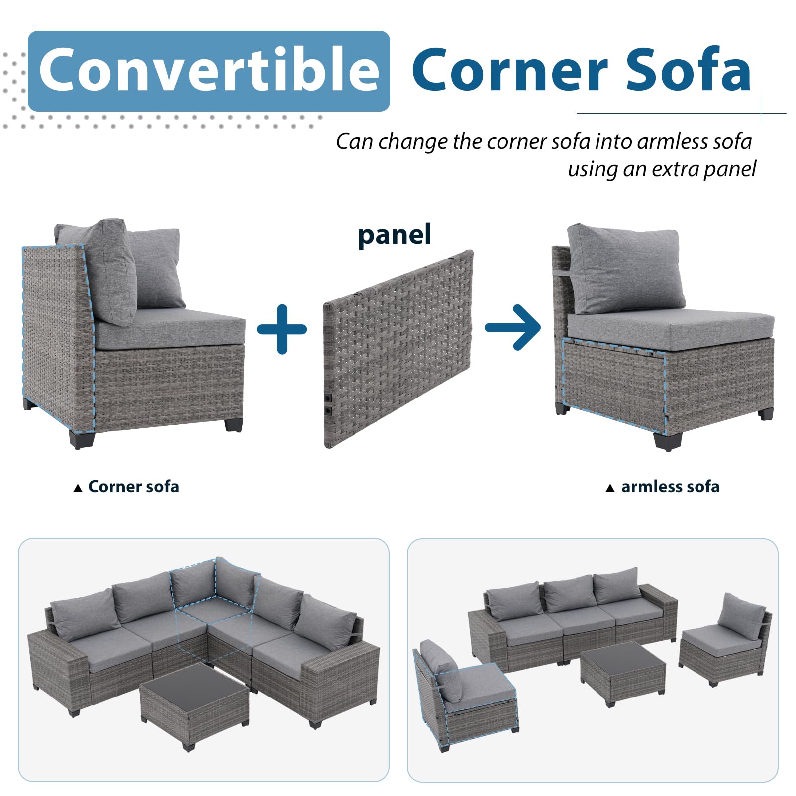 JOIVI 6-Piece Patio Furniture Set with Coffee Table - Flexible Wicker Outdoor Sofa & Cushion Covers - Perfect for Backyard, Garden, Poolside & Family Gatherings - Grey Weather-Resistant Furniture