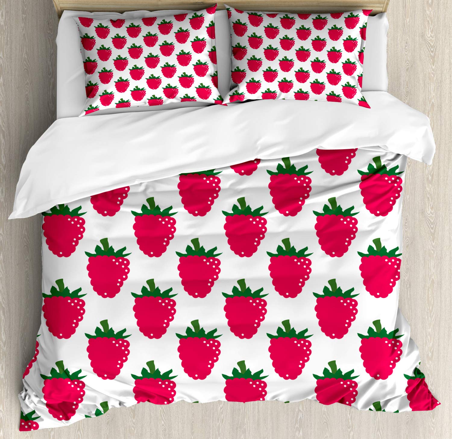 Ambesonne Queen Size 3-Piece Duvet Cover Set with 2 Pillow Shams - Dark Pink & Forest Green Raspberry Print Bedding - Soft Decorative Comforter Cover for Modern Bedroom, Guest Room, or Dorm