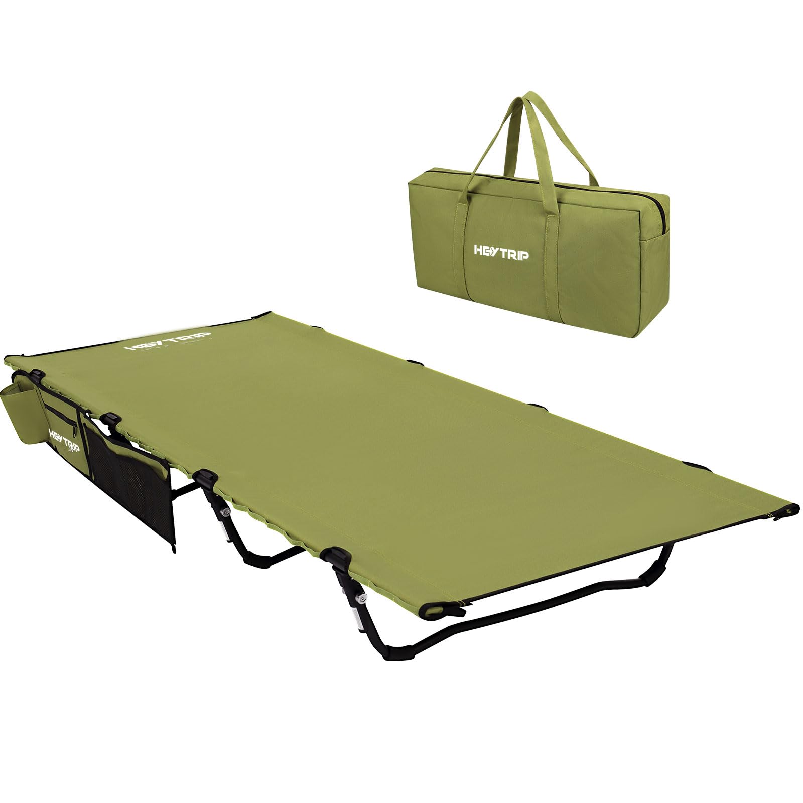 HEYTRIP Extra-Wide Folding Camping Cot - XXL Heavy Duty 350lb Capacity Portable Bed with Side Pocket & Carry Bag - Lightweight Quiet Sleeping Cot for Backpacking, Car Camping, Outdoor Adventures (Green)