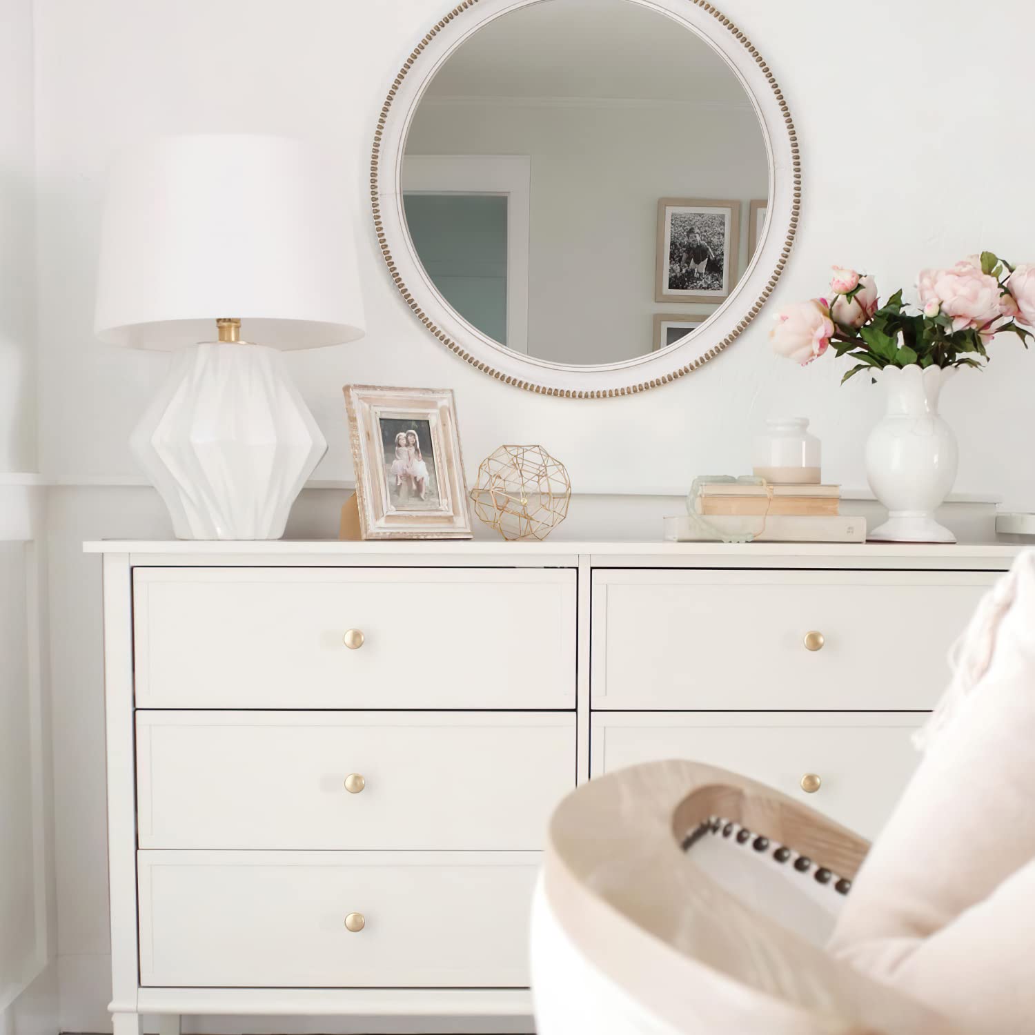 28 Inch Rustic Farmhouse Round Wood Mirror - White Circle Wall Decor for Bedroom & Living Room | Modern Accent Mirror for Home Decor, Wedding, Office & Entryway