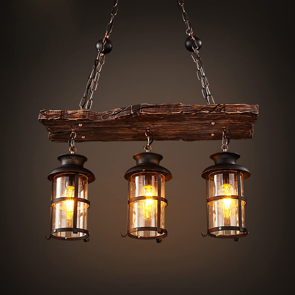 Vintage Industrial Style 3-Head LED Chandelier Ceiling Light - Natural Wood & Glass Pendant Fixture for Living Room, Kitchen, Bar, Restaurant - Perfect for Home Decor, Dining Ambiance, and Commercial Spaces