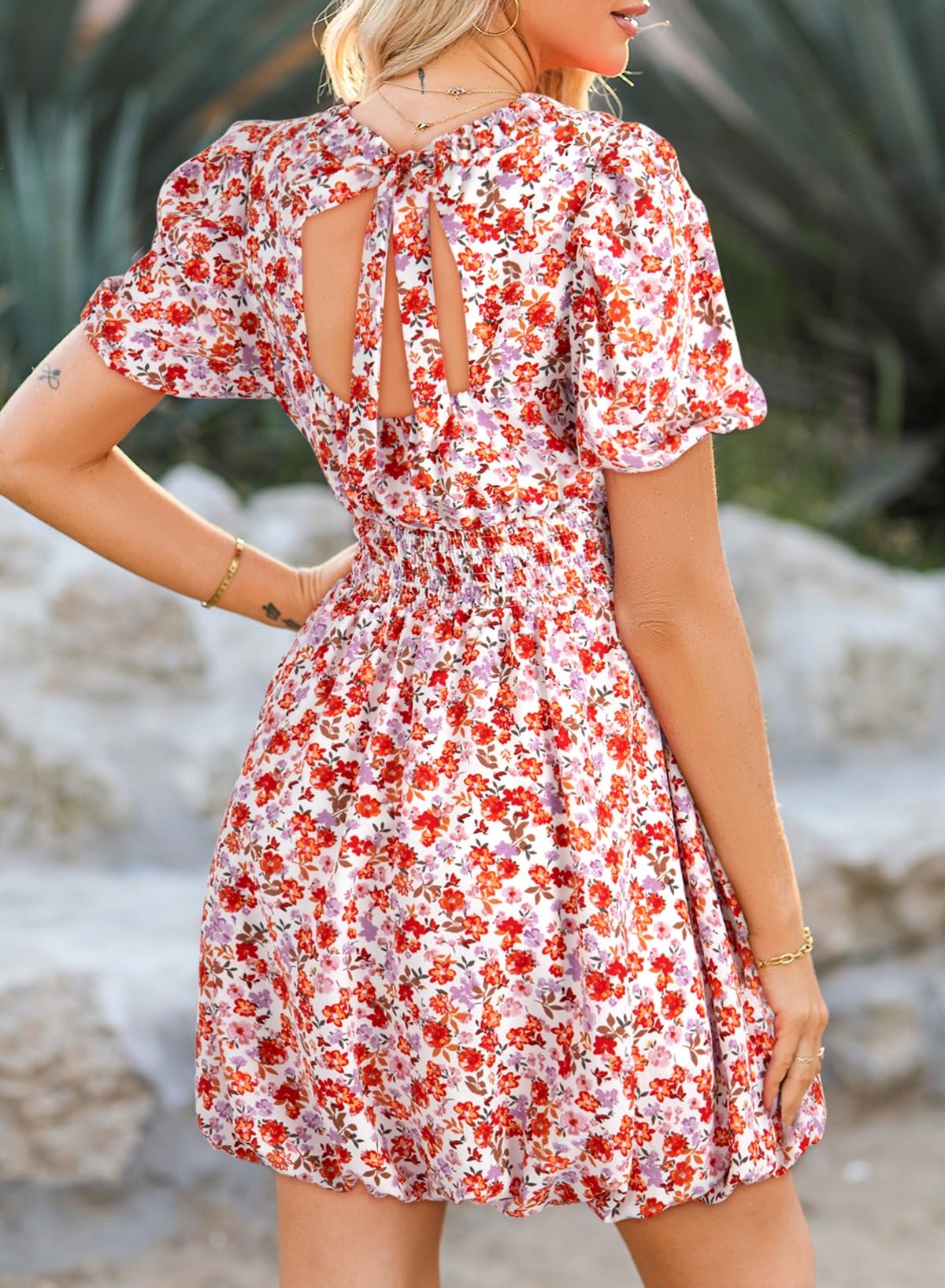 Dokotoo Women's Boho Floral Mini Dress - Crewneck, Puff Sleeve, Tie Back, Smocked Empire Waist - Perfect for Beach Vacations, Summer Outings & Boho Chic Style
