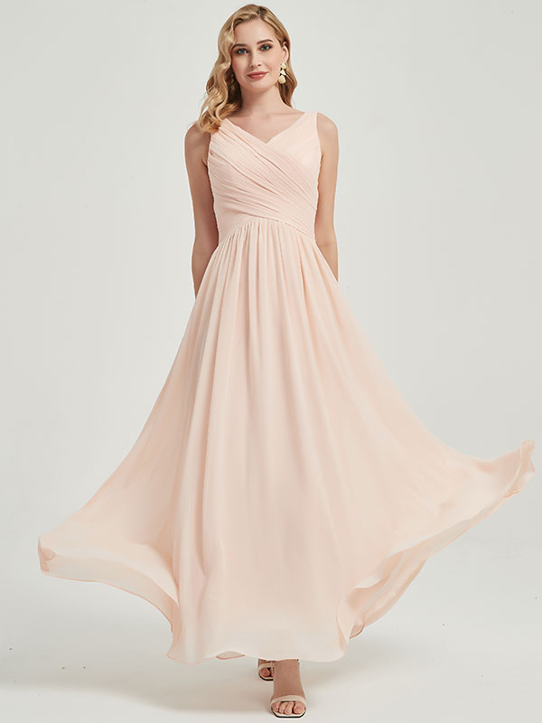 Elegant Burnt Orange Pleated Bridesmaid Dress - V-Neck Sleeveless with Wide Straps for Weddings, Parties & Formal Events