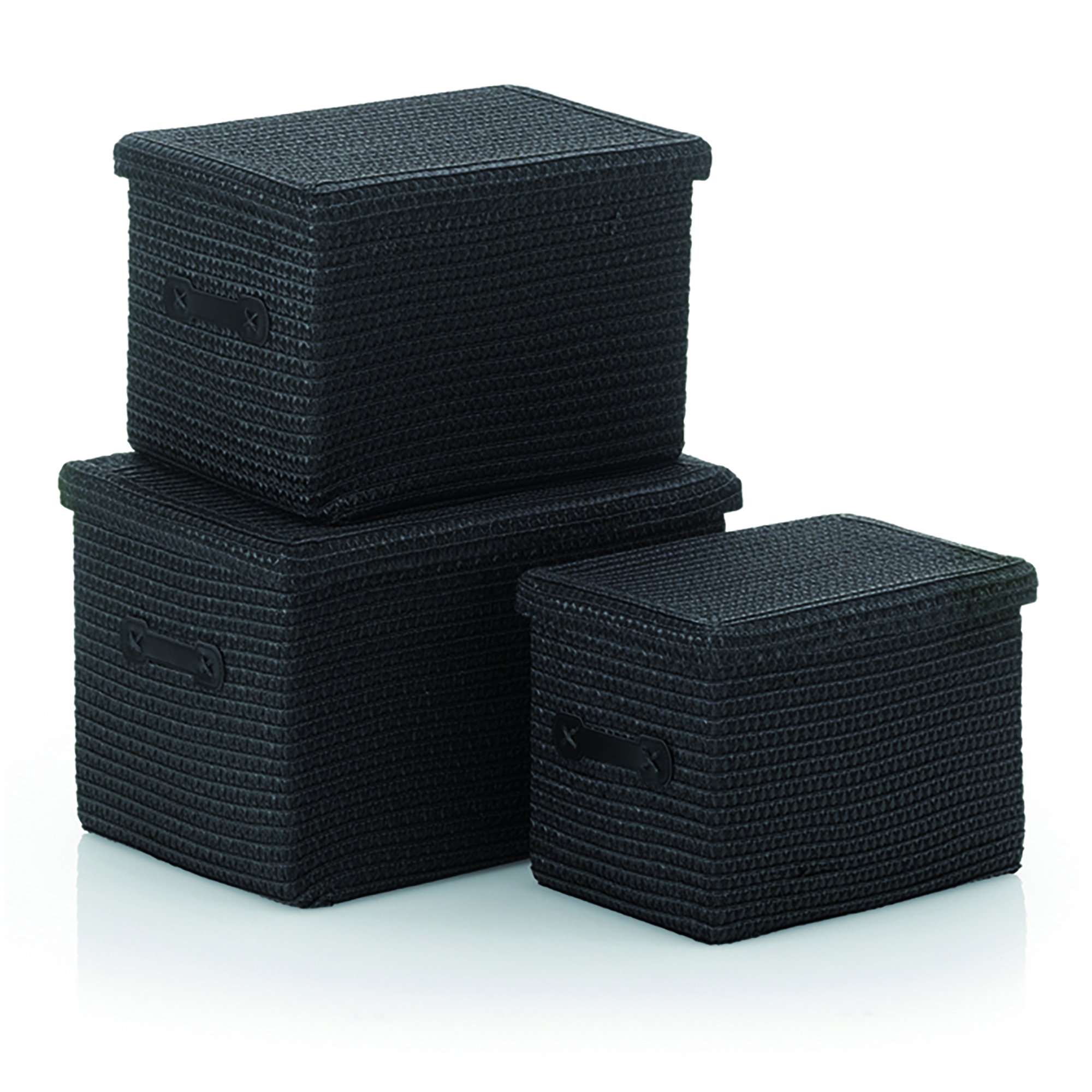 3-Piece Black Straw Basket Set with Lids - Kitchen Storage Organizer for Fruits, Vegetables, and Pantry Items - Perfect for Home, Office, and Picnic Use