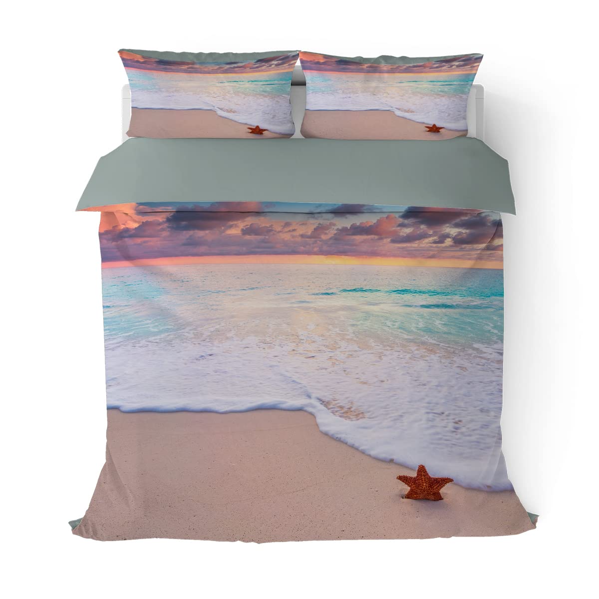 Sunrise Starfish Waves Beach Duvet Cover Set - Twin Size 3-Piece Soft Microfiber Bedding for Kids, Boys & Teens | Coastal Seaside Sand Theme with 2 Pillowcases | Perfect for Beach House, Vacation Rental & Nautical Bedroom Decor