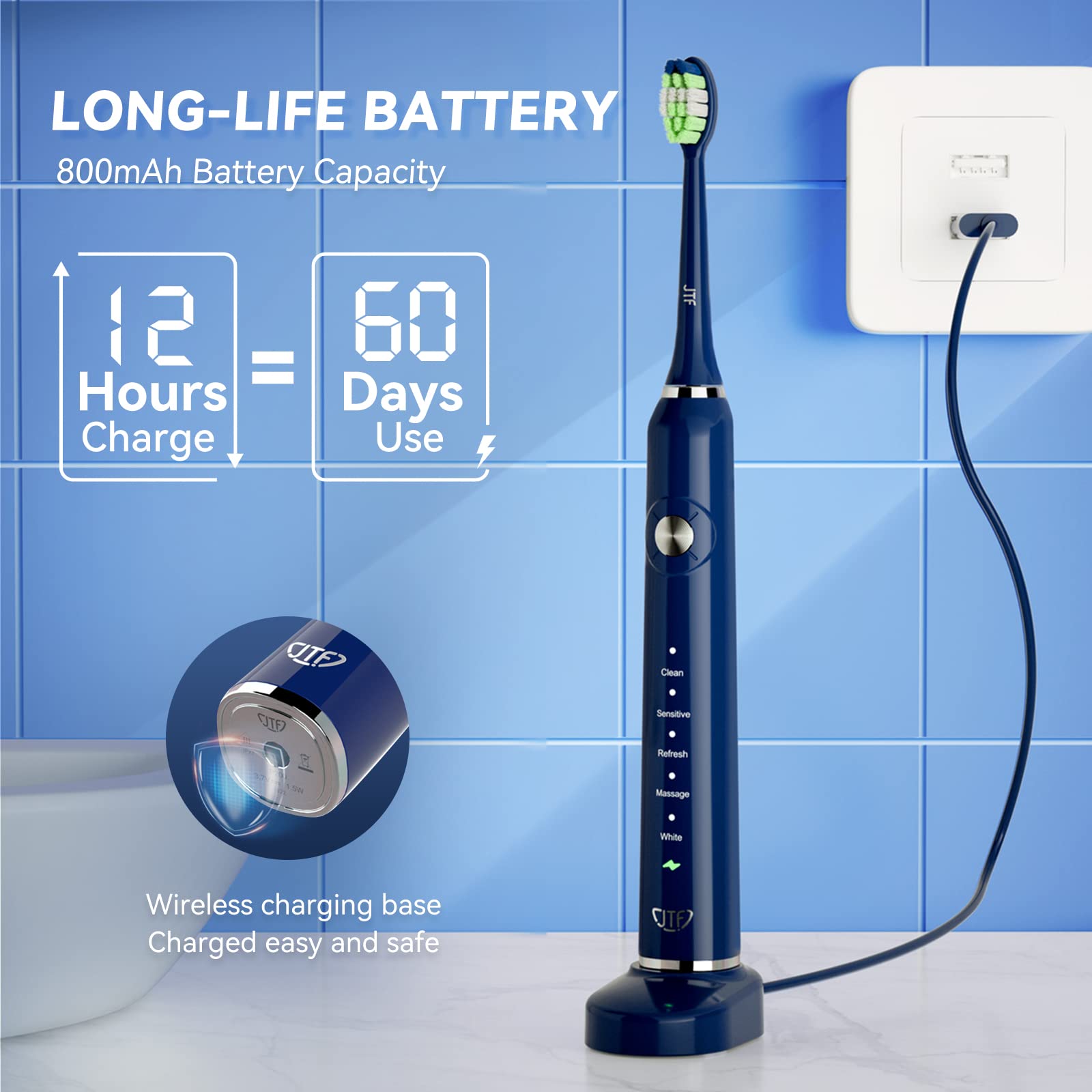 JTF Sonic Electric Toothbrush for Adults - Fast Rechargeable Toothbrush with Travel Case & 6 Brush Heads, 5 Cleaning Modes, Navy Blue - Perfect for Travel, Home & Daily Oral Care