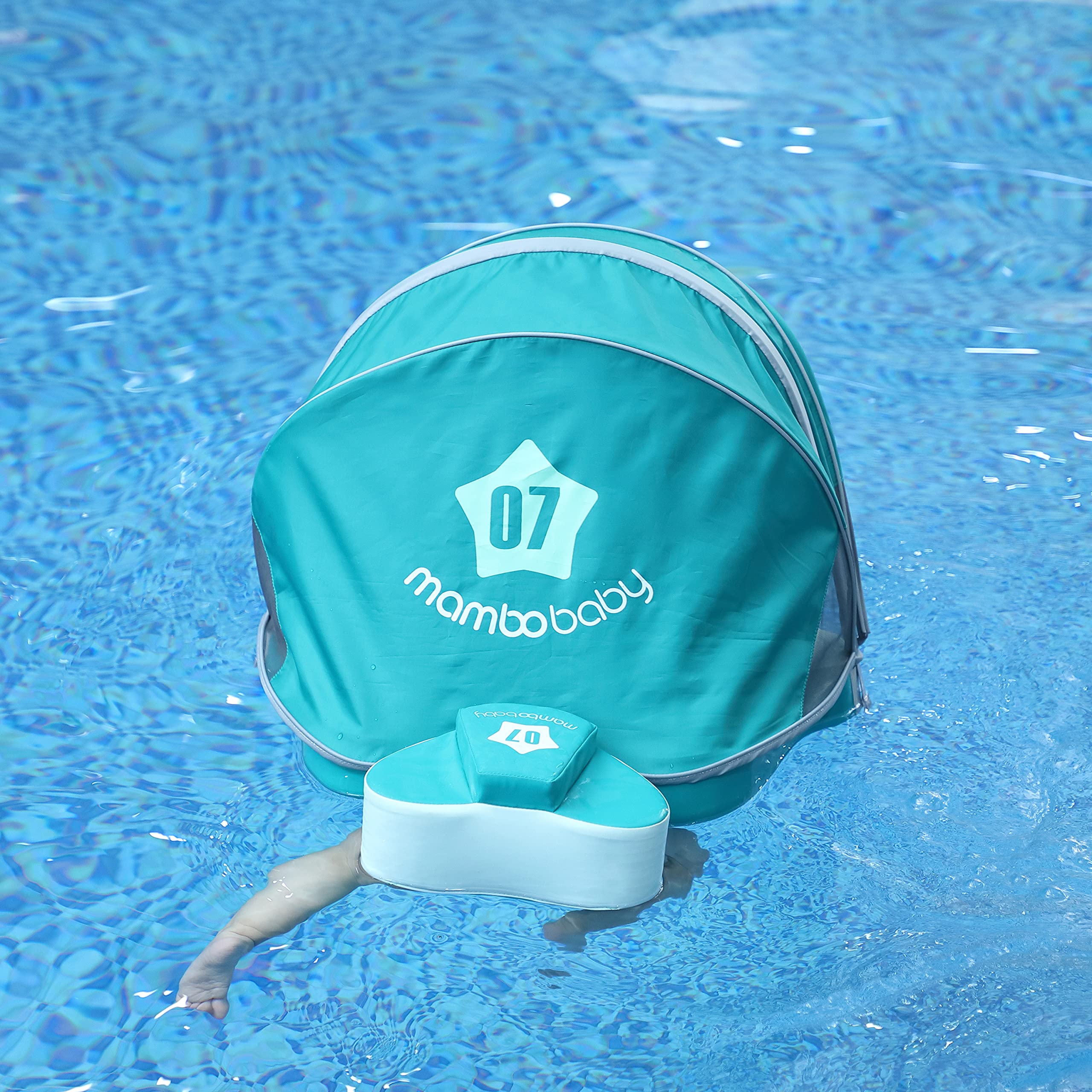 **Mambobaby Upgraded Baby Float with Canopy & Adjustable Safety Strap – Non-Inflatable Infant Swim Trainer Waist Ring for Pool, Beach & Water Play (Green Airplane Design)**